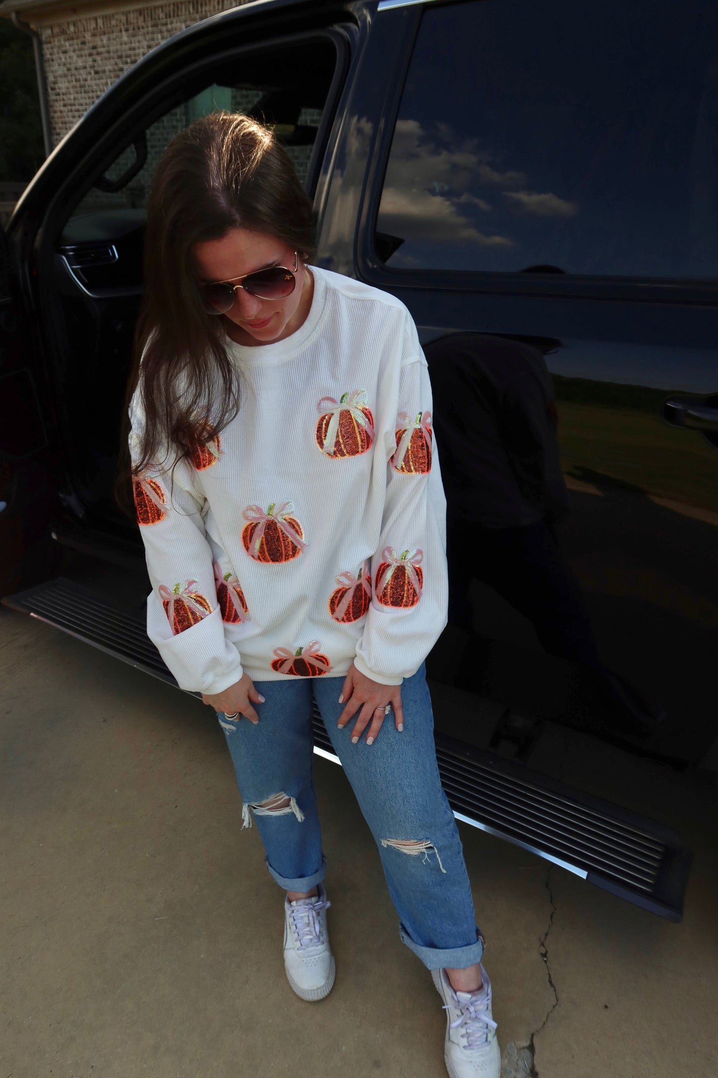 Bow Pumpkin Sequin Corded Crew