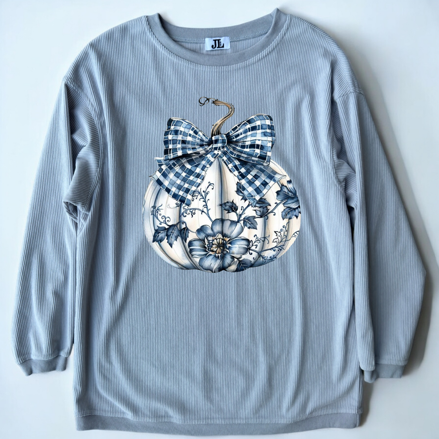RTS Blue/Gray Floral Pumpkin Corded Crew