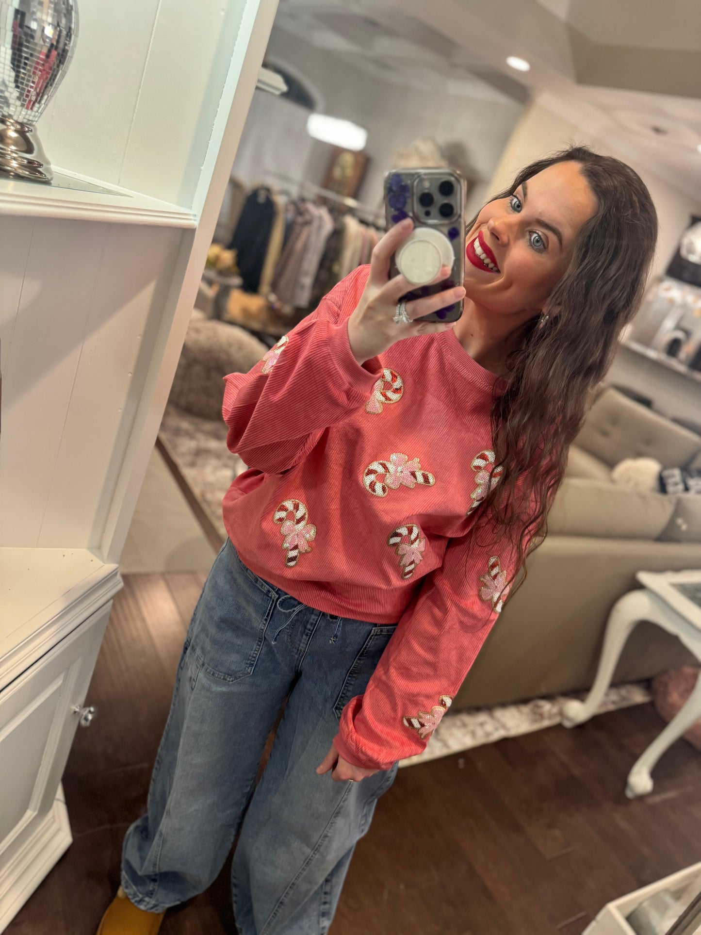 Pink Candy Cane Sequin Corded Crew