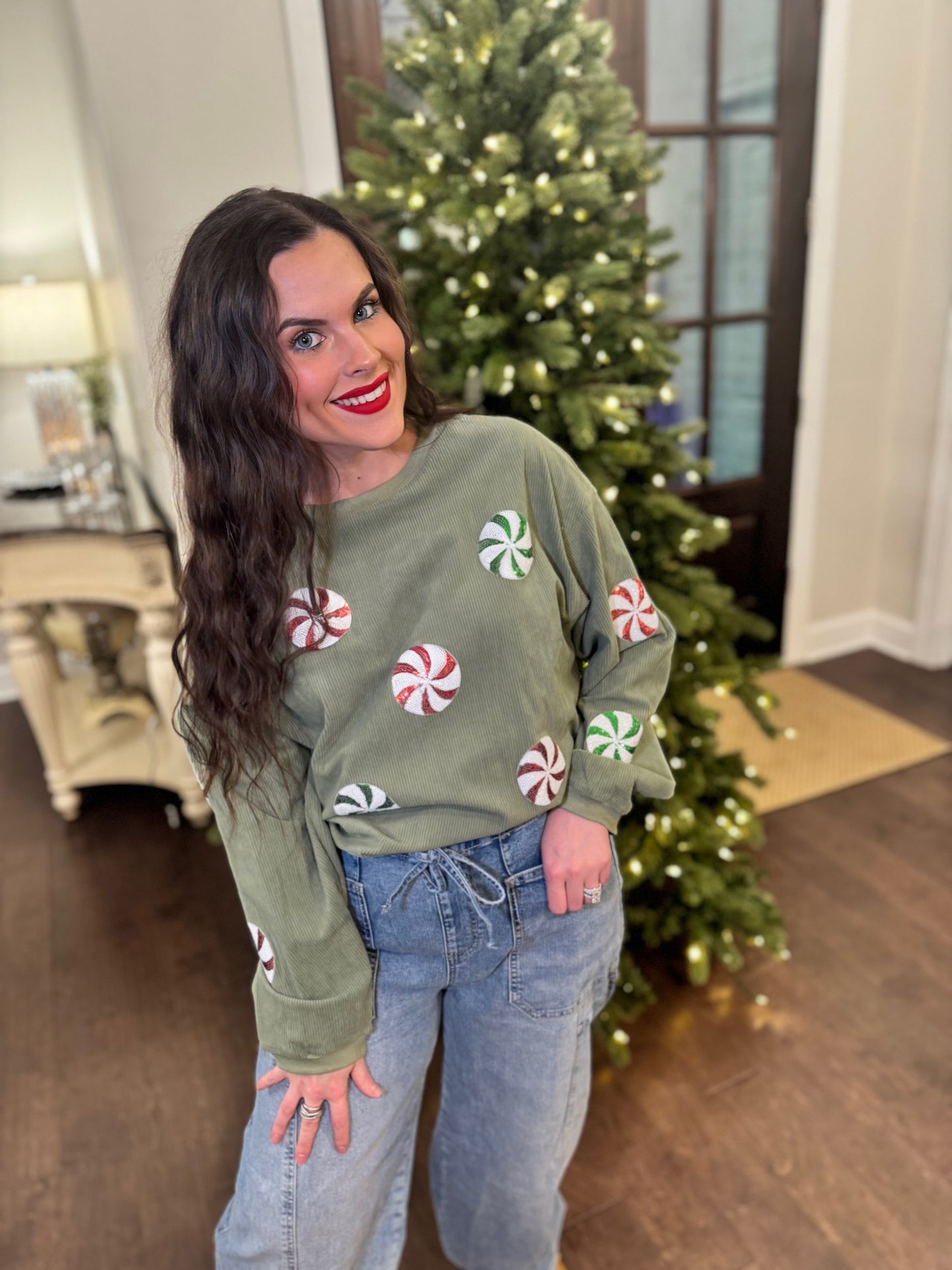 Peppermint Sequin Corded Crews