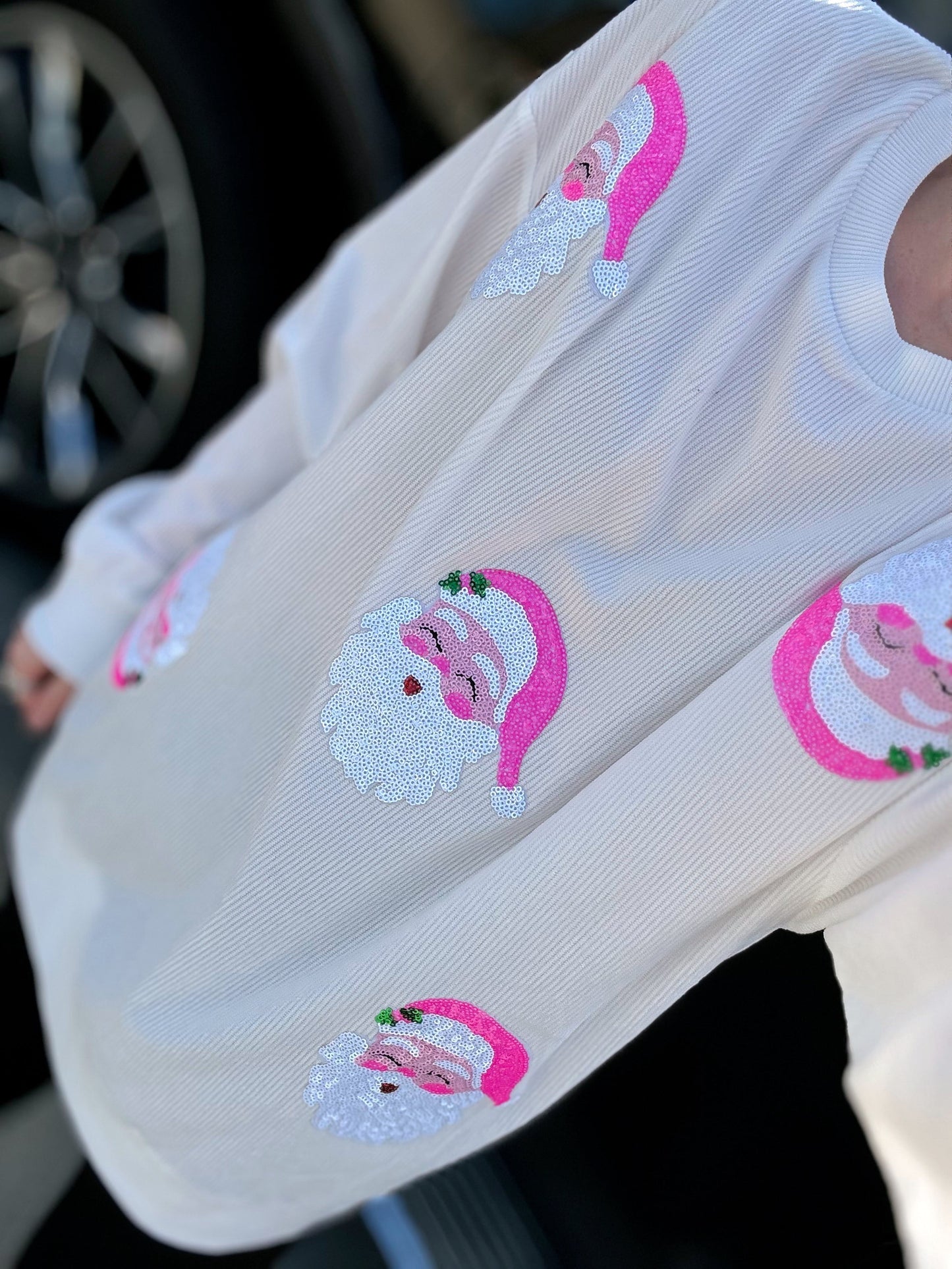 Pink Sequin Santa Corded Crews