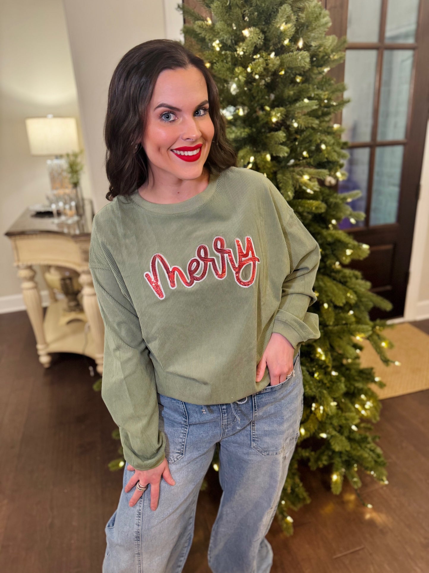 Merry Sequin Corded Crew