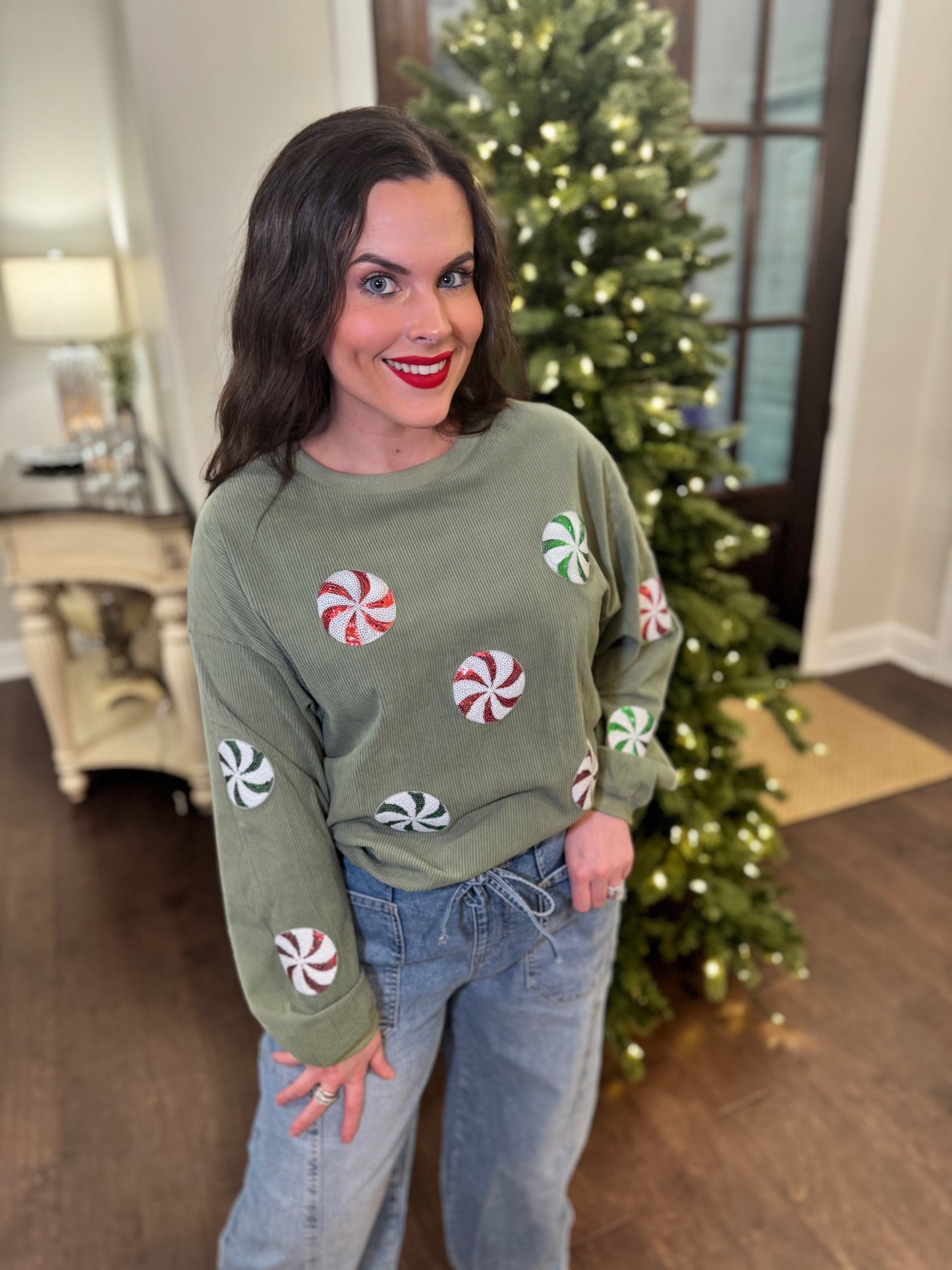 Peppermint Sequin Corded Crews