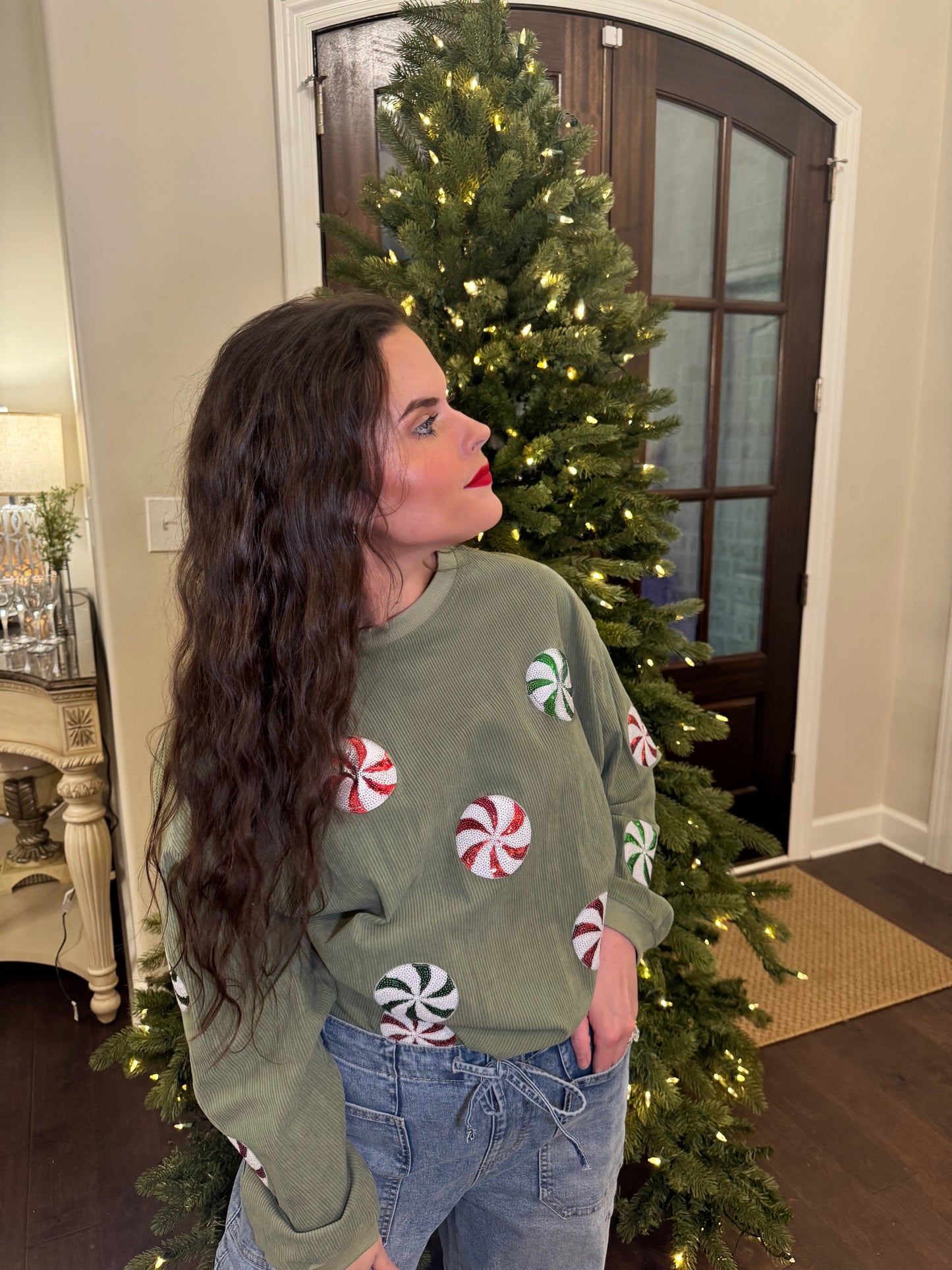 Peppermint Sequin Corded Crews