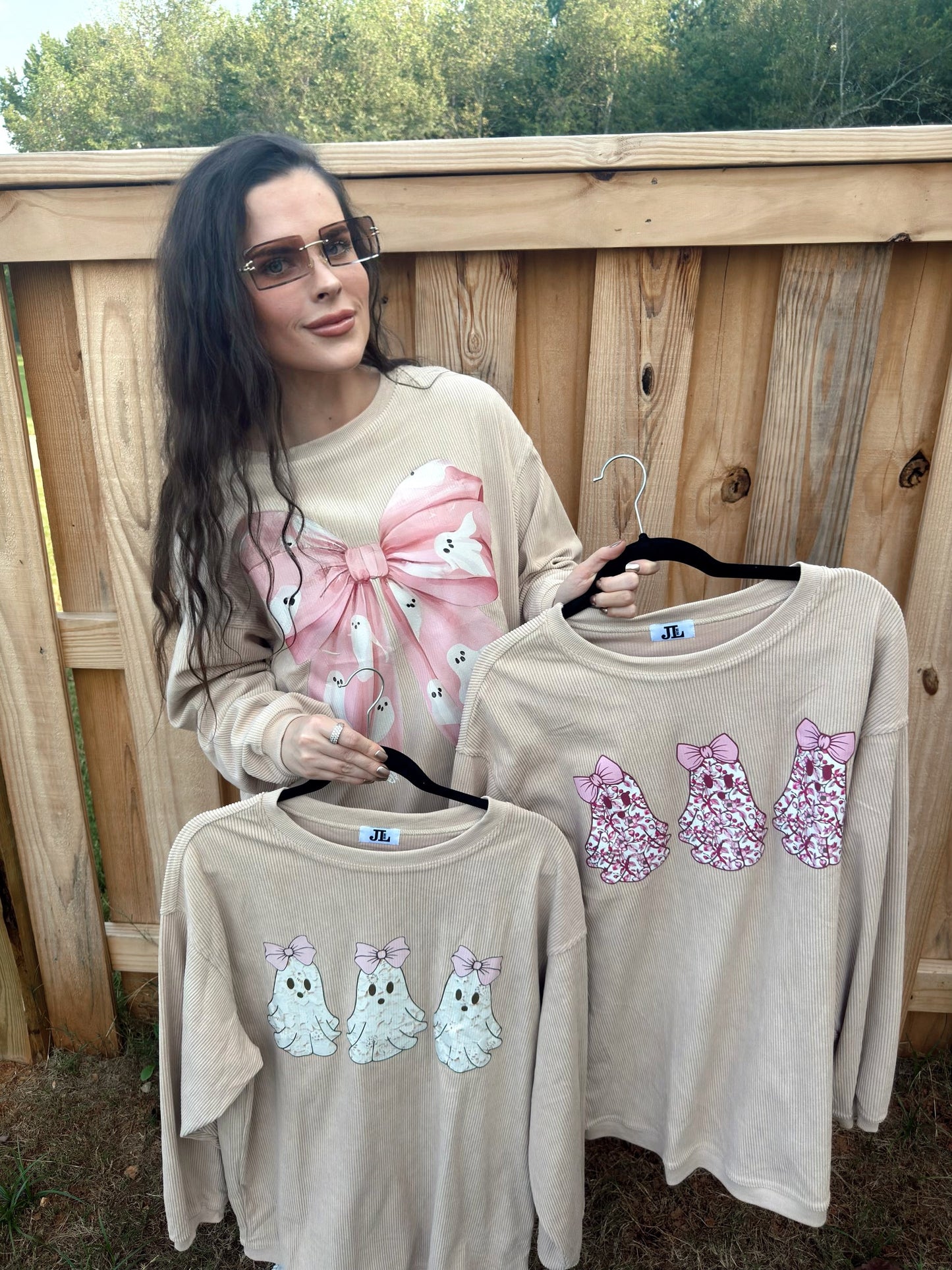 Beige Ghost Bow Corded Crew