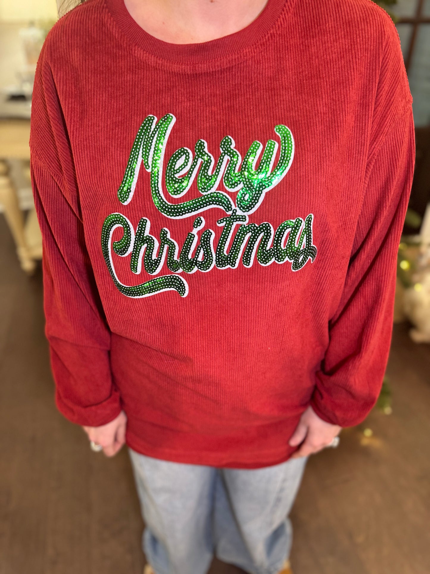 Merry Christmas Sequin Corded Crew