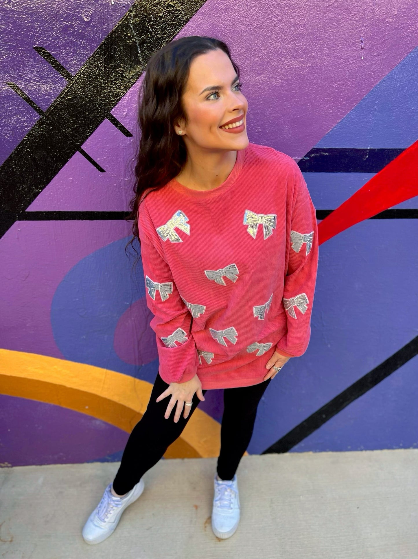Pink/Silver Sequin Bow Corded Crew