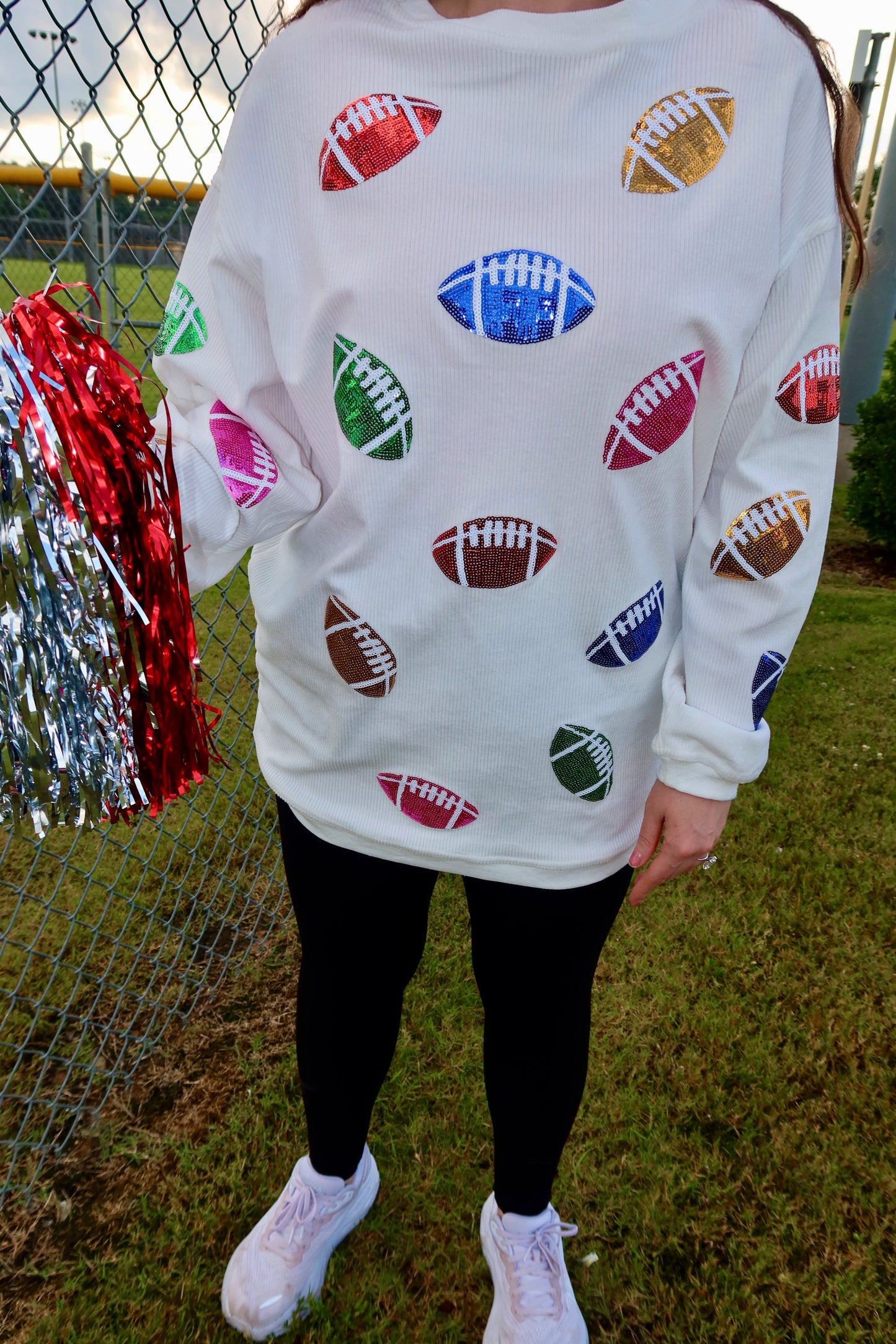 Multicolor Sequin Football Patch Corded Crews