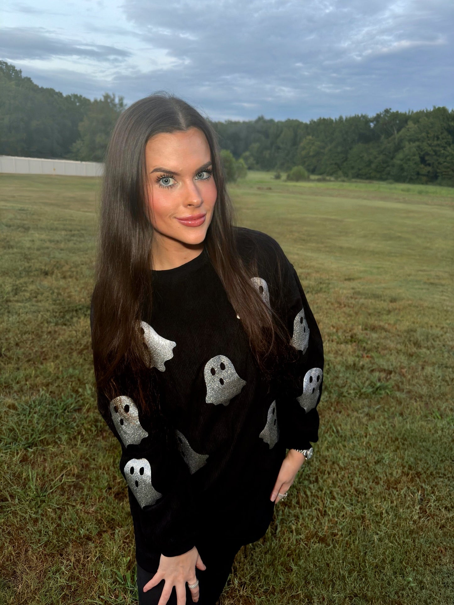 Black Glitter Ghost Corded Crew