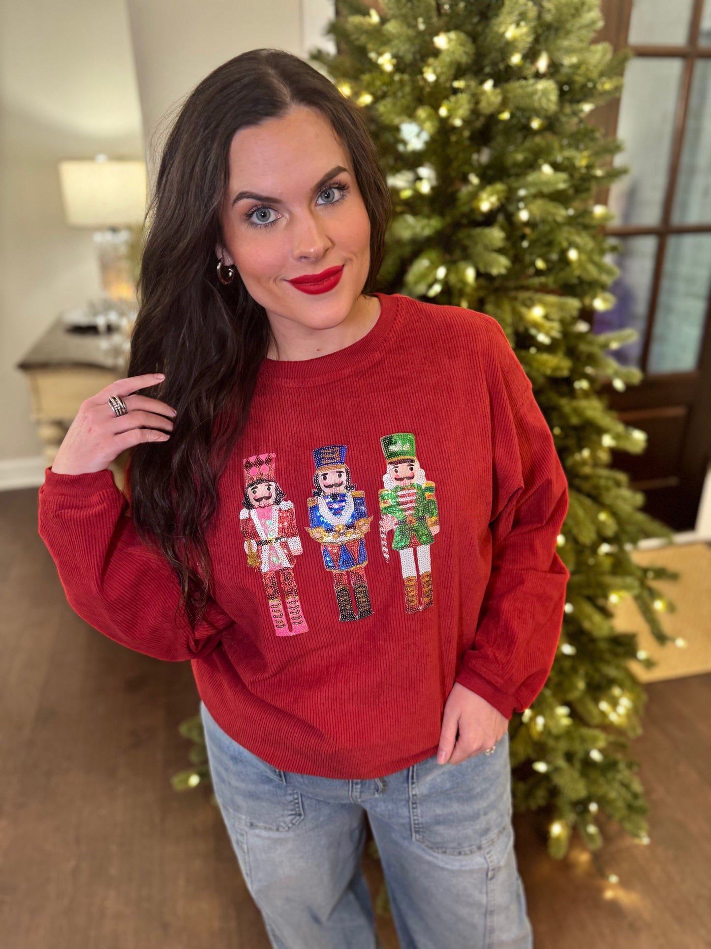 Crimson Sequin Nutcracker Corded Crew