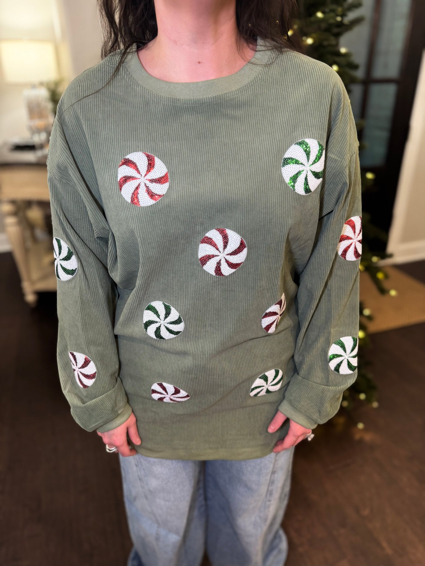 Peppermint Sequin Corded Crews