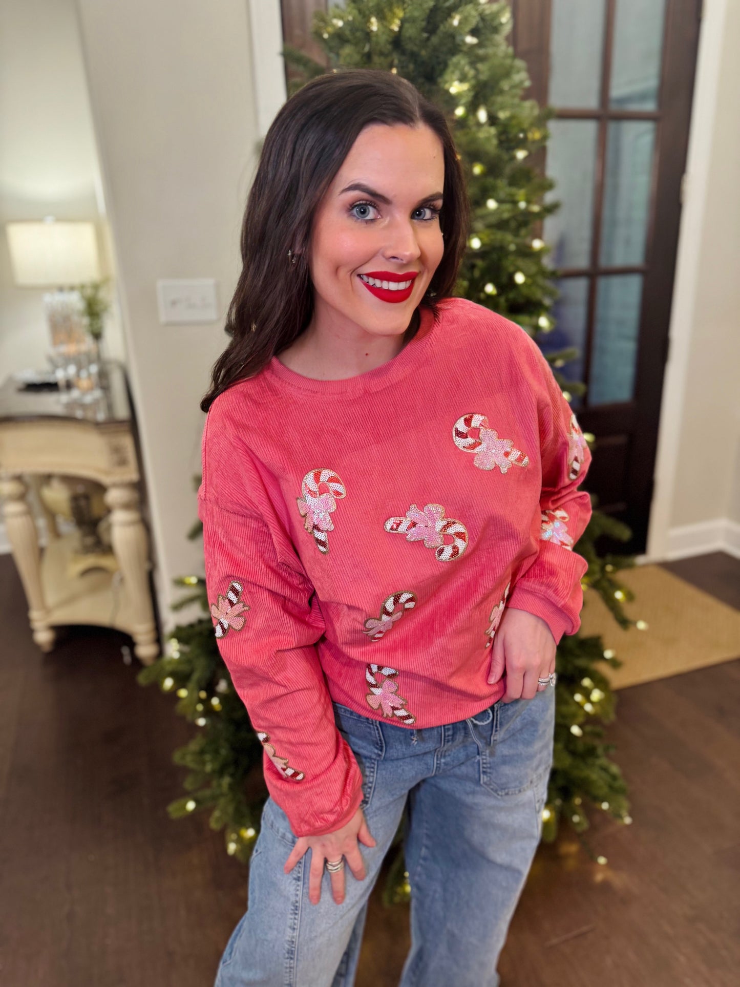 Pink Candy Cane Sequin Corded Crew