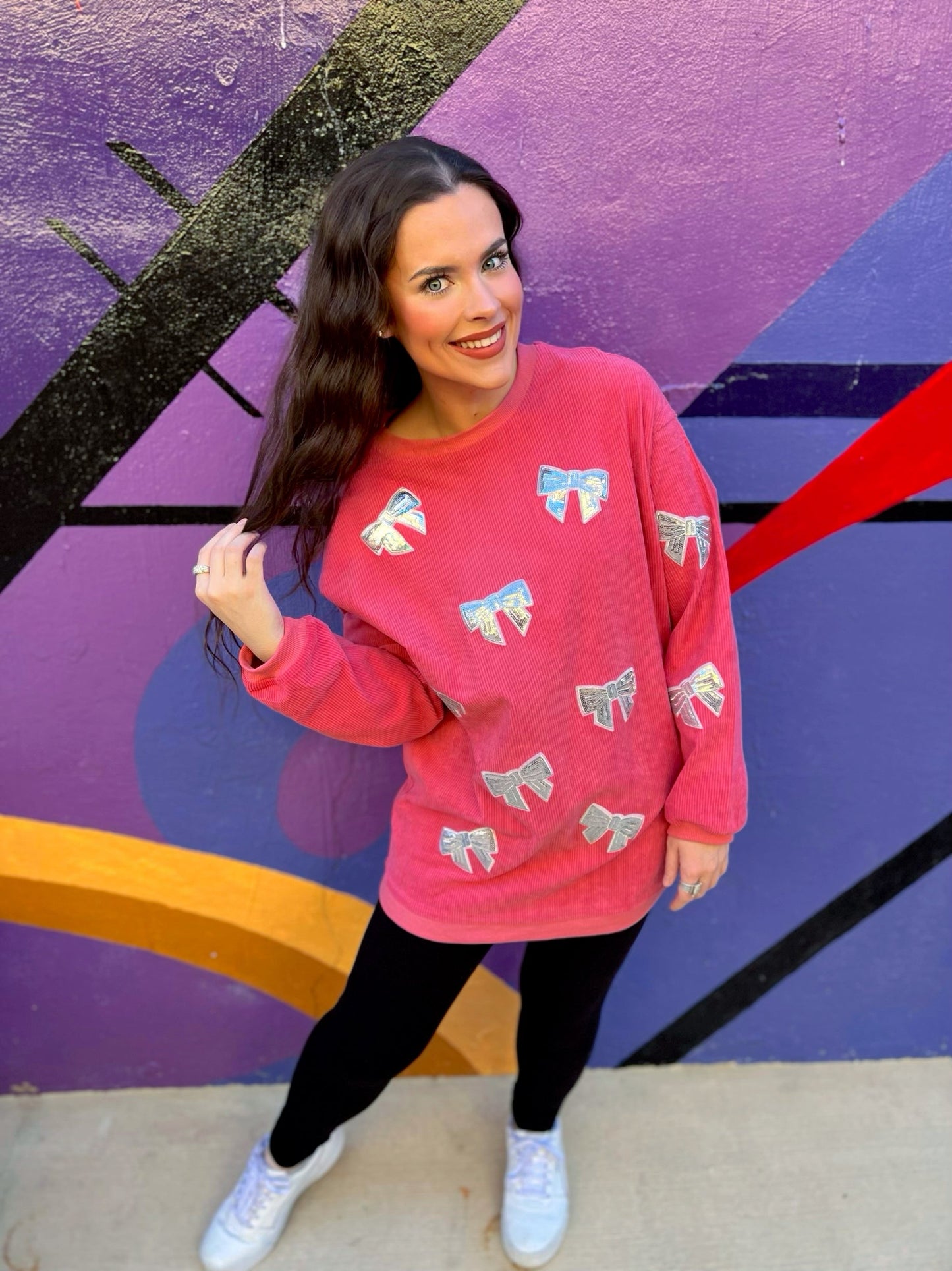 Pink/Silver Sequin Bow Corded Crew