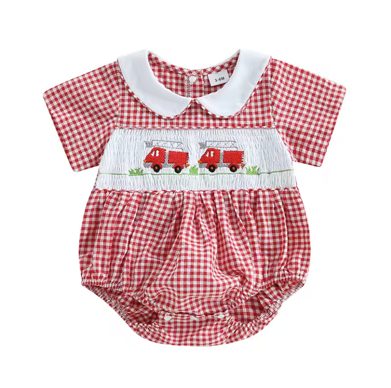 Red Gingham Firetruck Smocked Romper