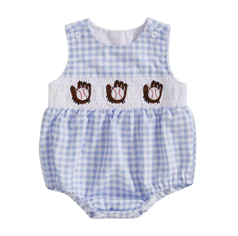 Blue Gingham Baseball Smocked Romper