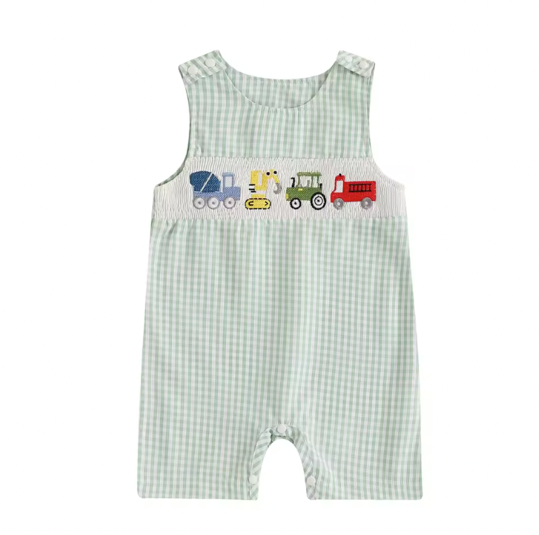 Green Gingham Trucks Smocked Romper