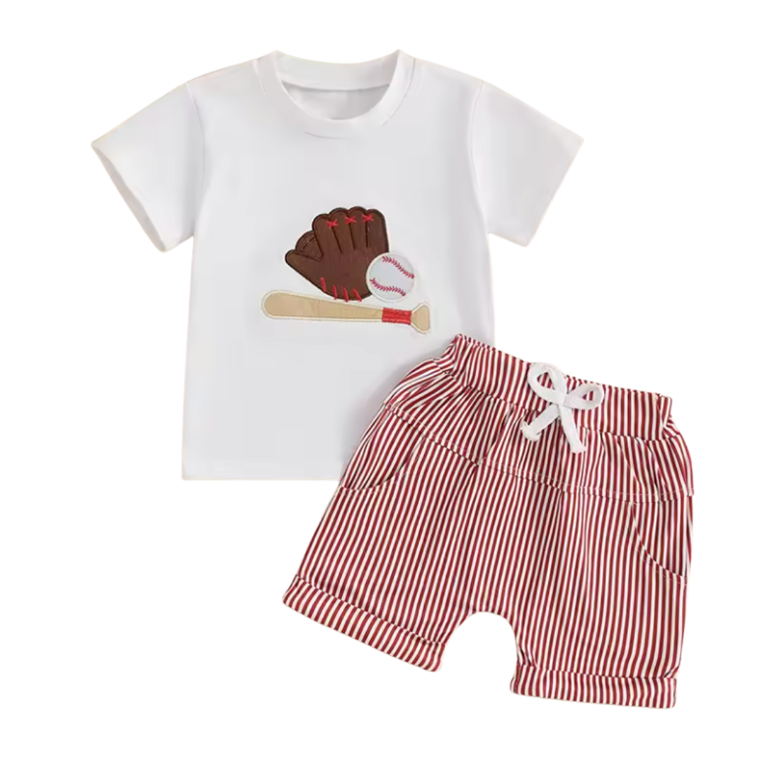 Embroidered Baseball Striped Short Set