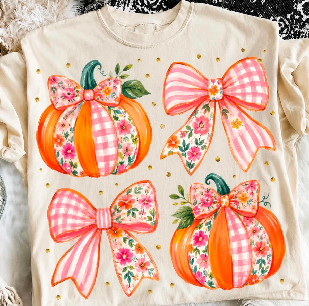 Floral Pumpkin Bow Graphic Tee | Pink Gingham Fall Shirt | Girly Pumpkin T-Shirt