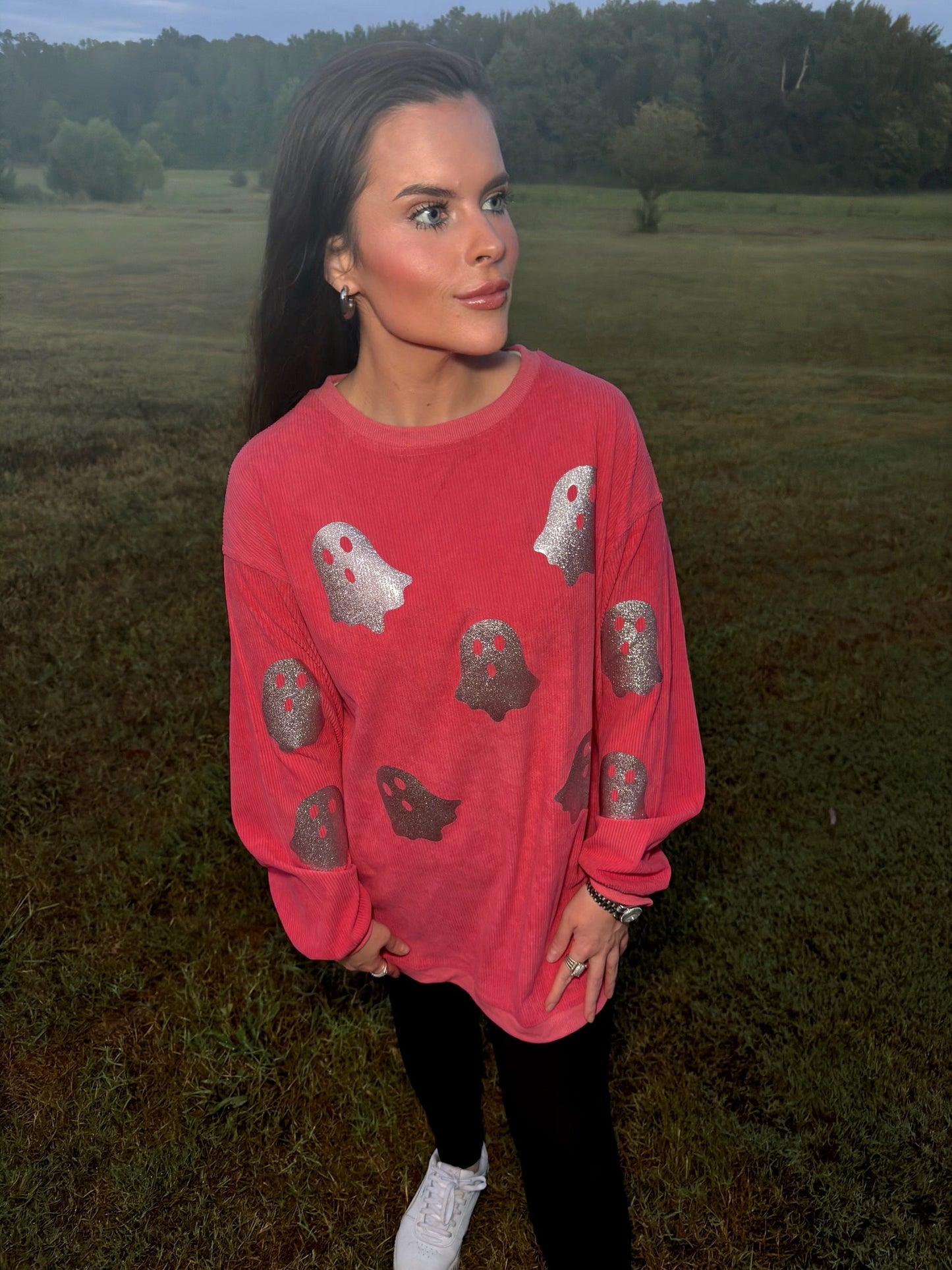 Blush Pink Glitter Ghost Corded Crew