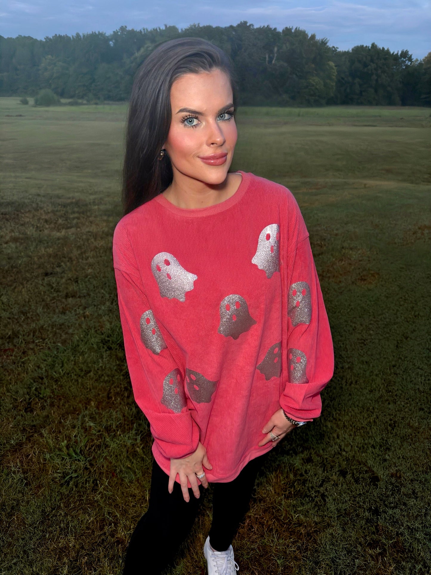 Blush Pink Glitter Ghost Corded Crew