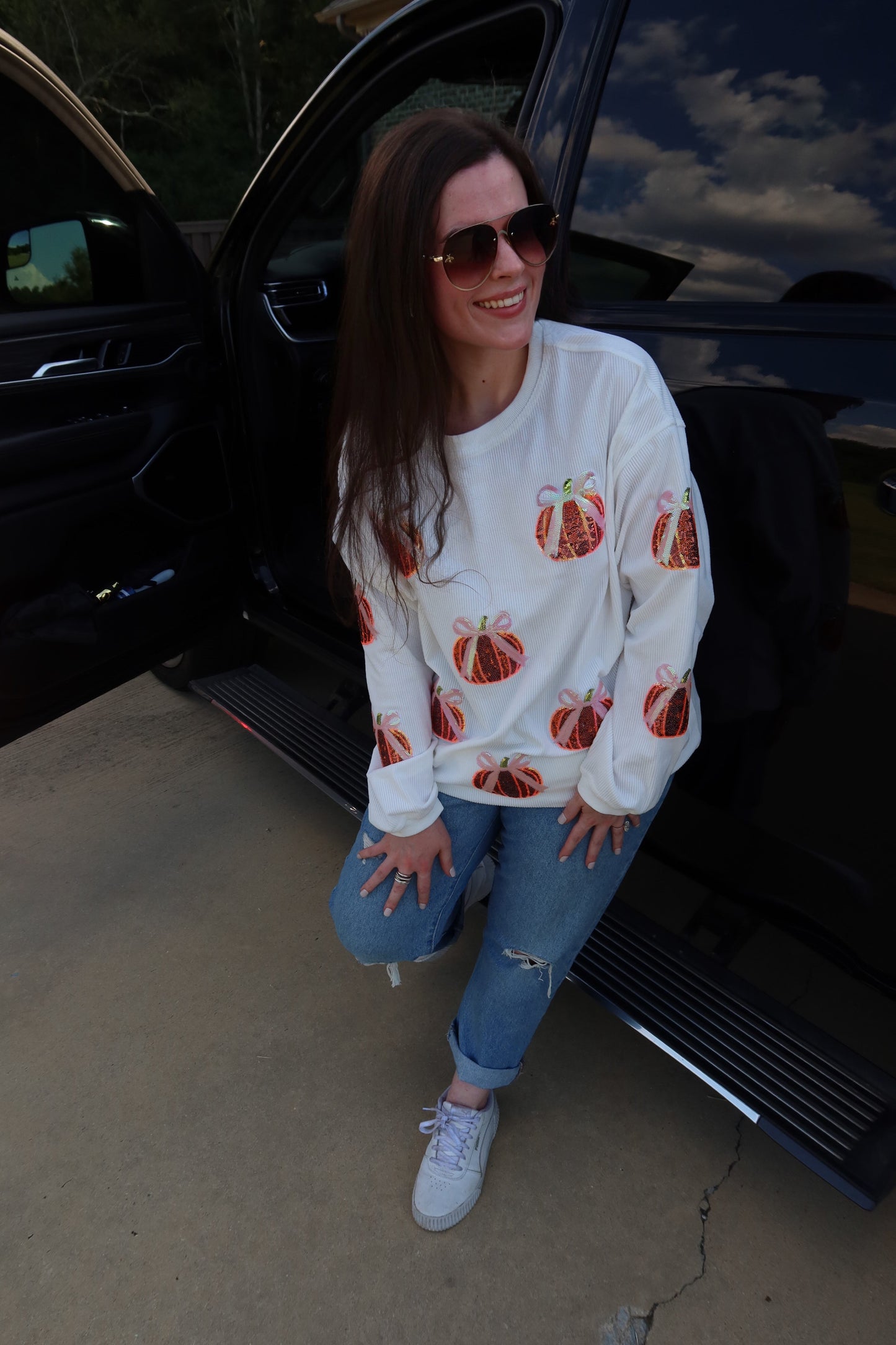 Bow Pumpkin Sequin Corded Crew
