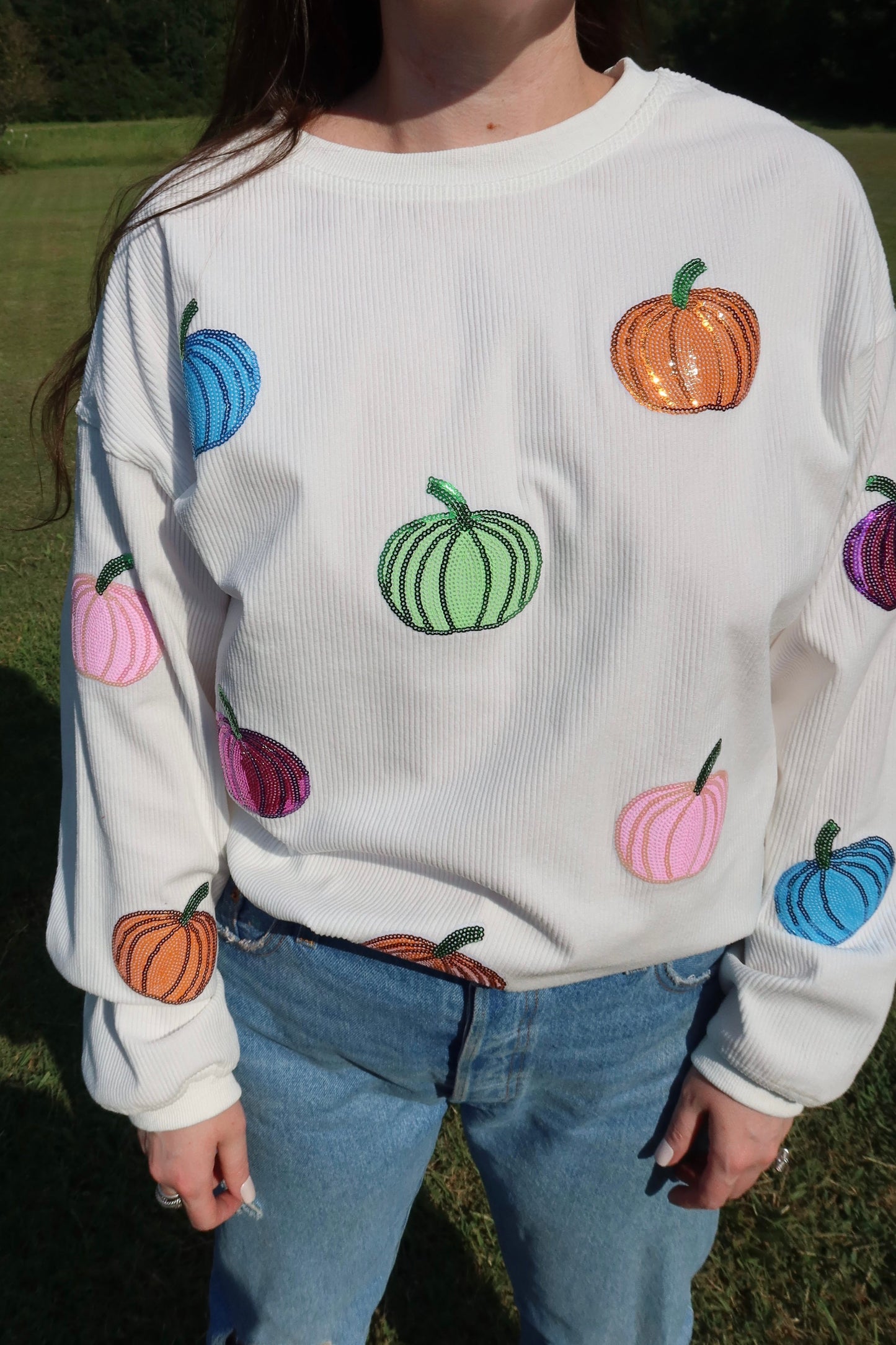 Multicolor Pumpkin Sequin Corded Crews