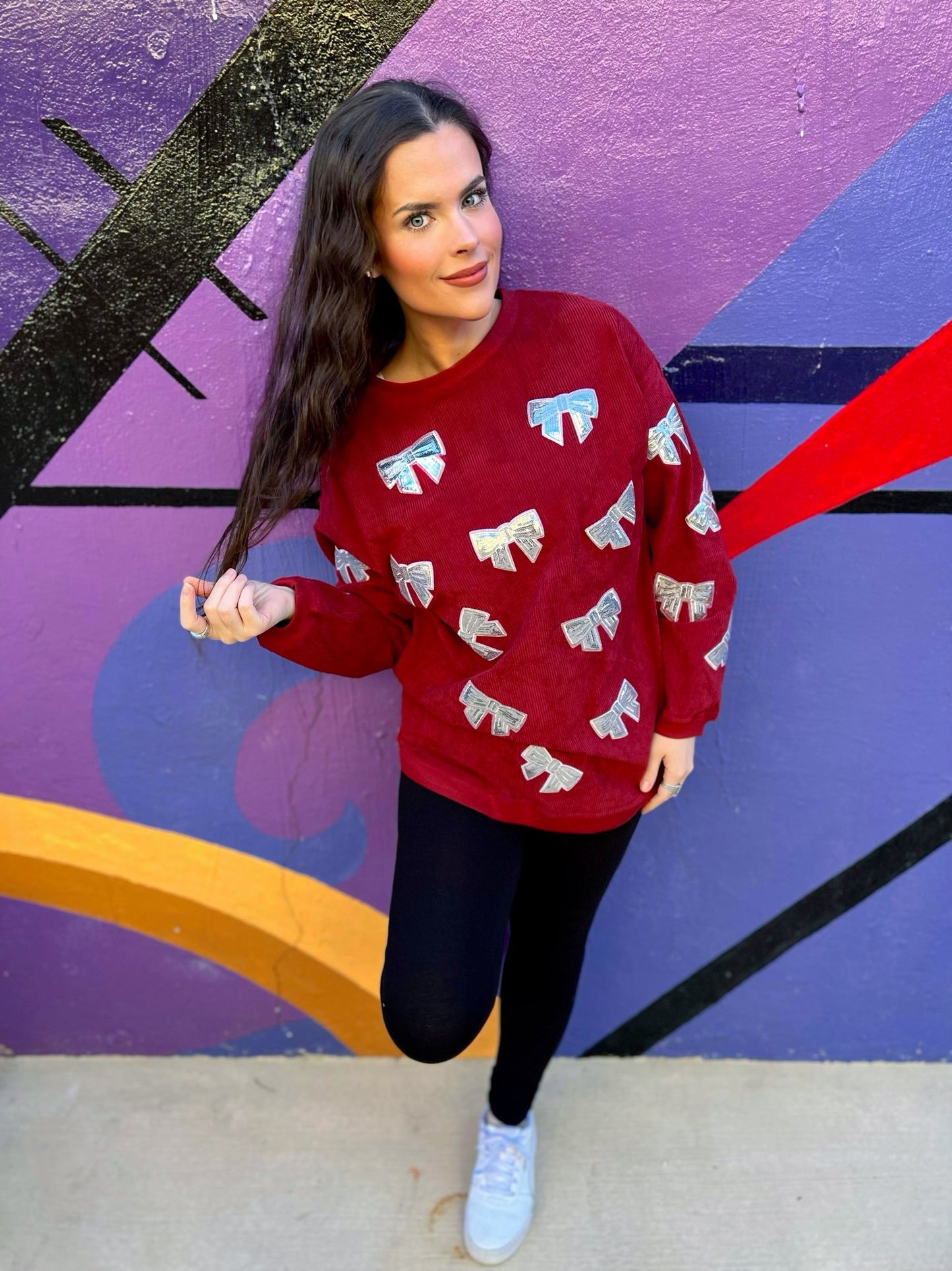 Preorder Red/Silver Sequin Bow Corded Crew