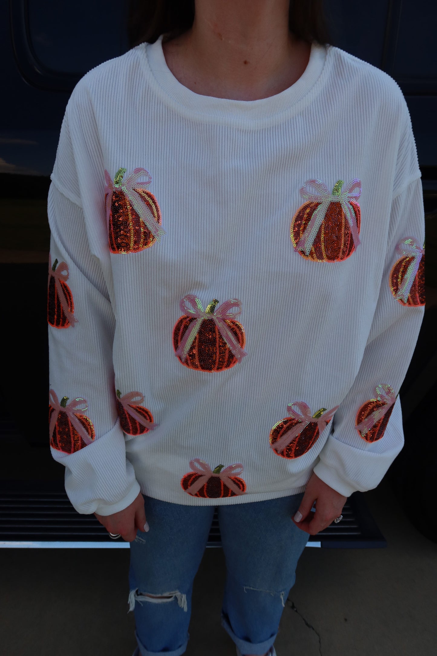 Bow Pumpkin Sequin Corded Crew