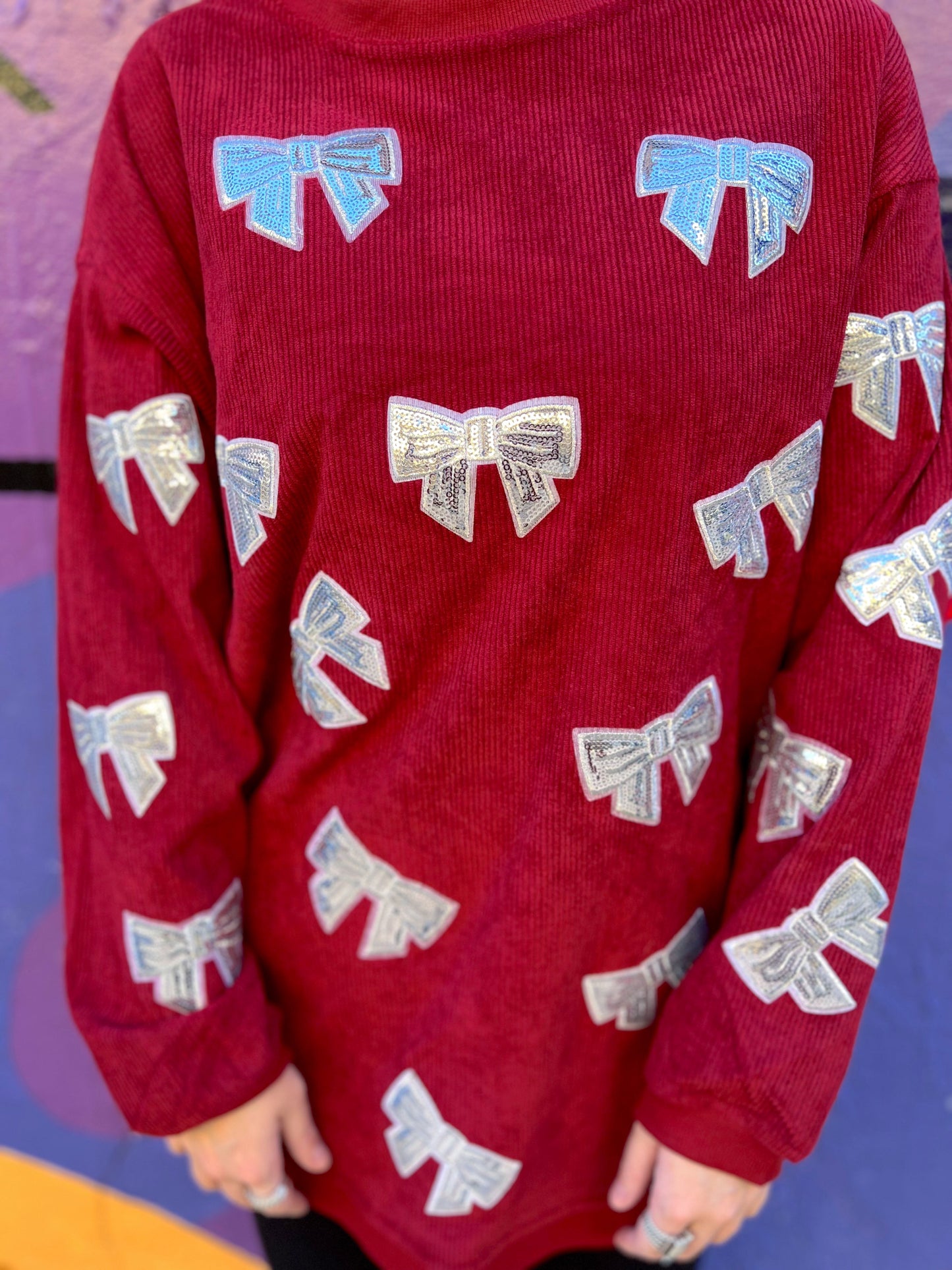 Preorder Red/Silver Sequin Bow Corded Crew