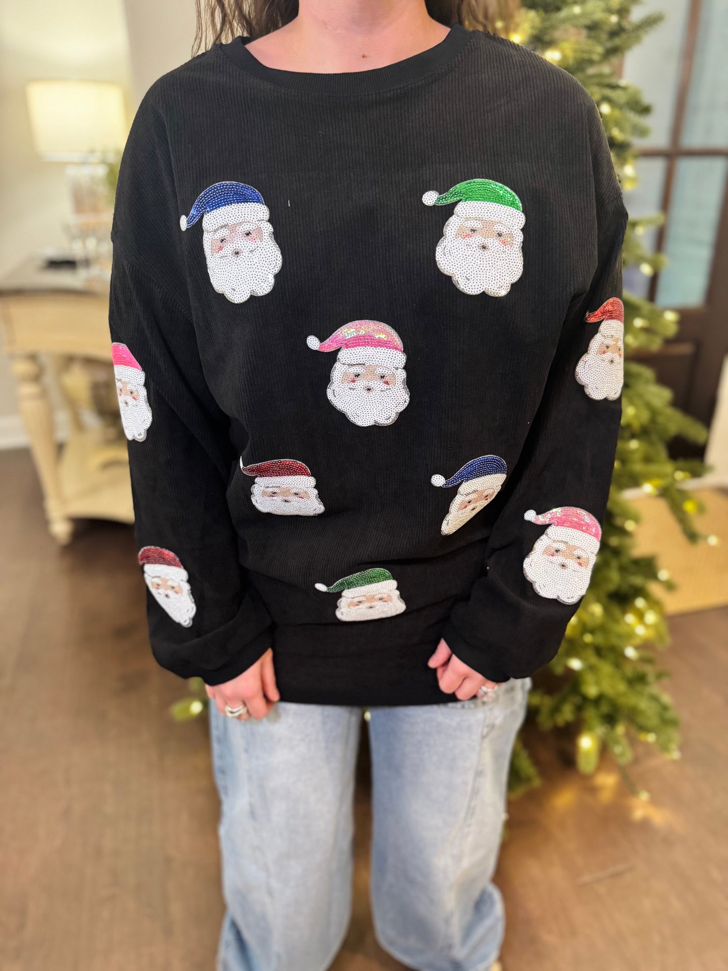 Black Multicolor Santa Sequins Corded Crew
