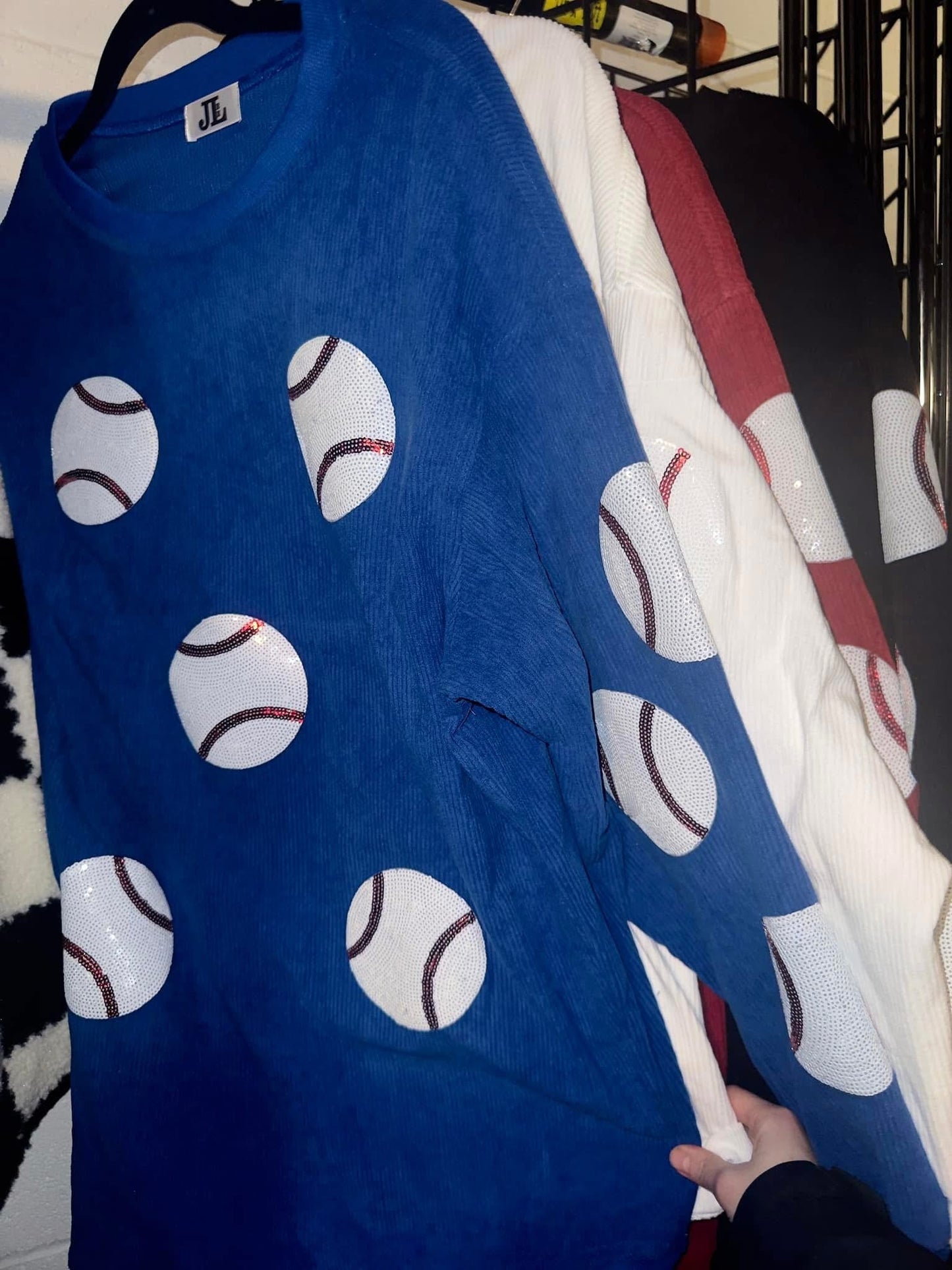 (MULTI COLOR) Sequin Baseball Corded Crews