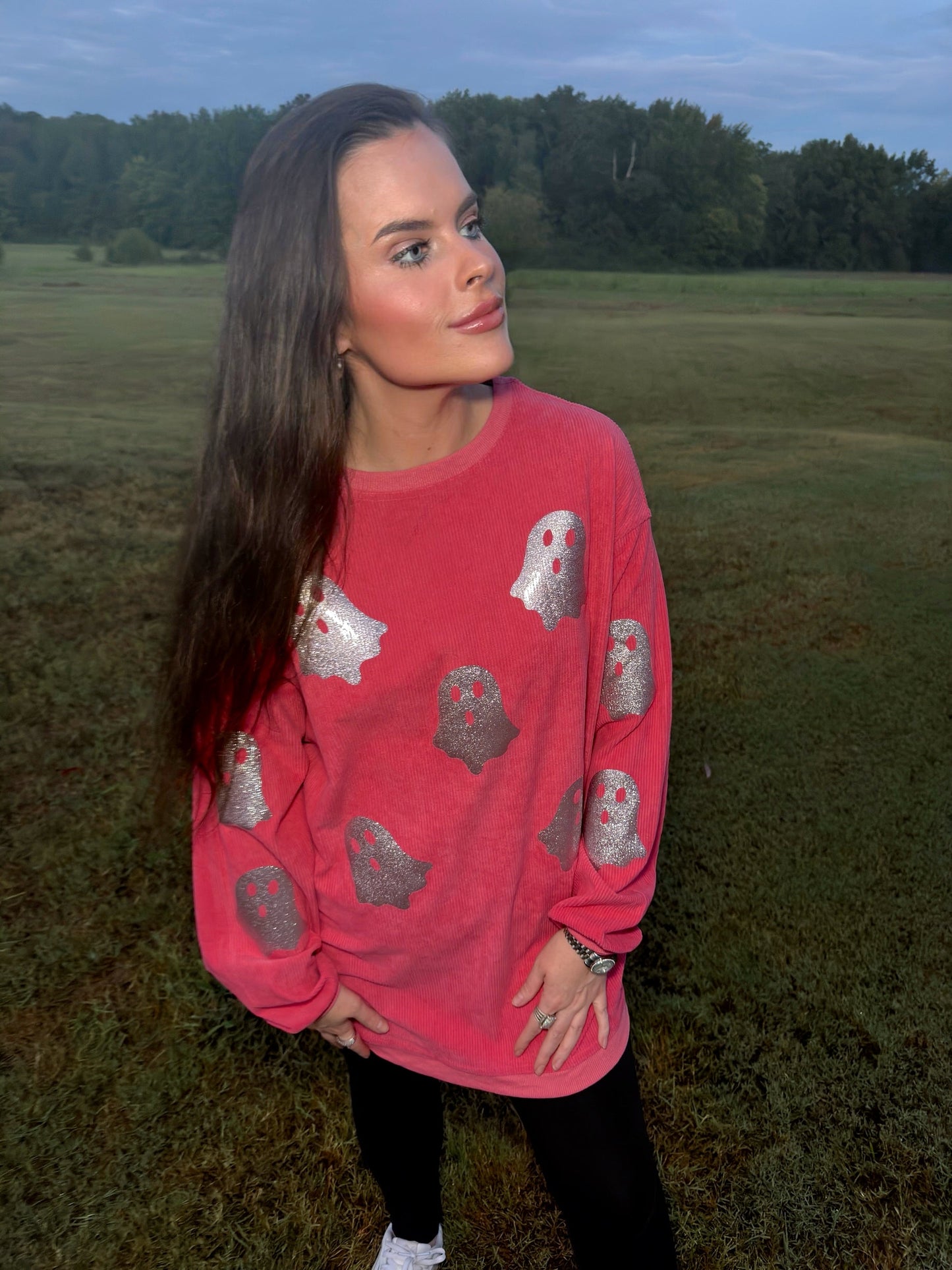 Blush Pink Glitter Ghost Corded Crew
