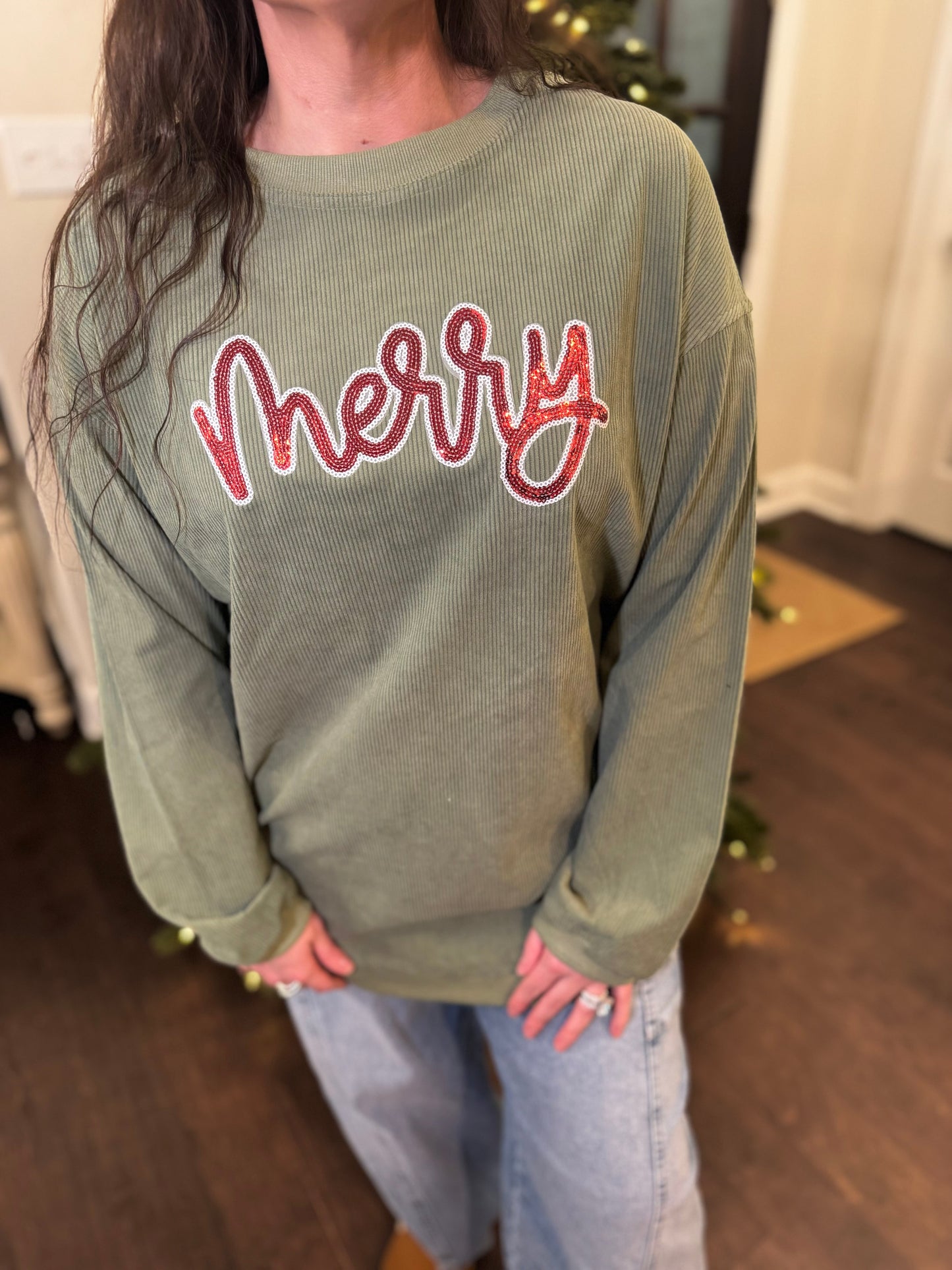 Merry Sequin Corded Crew