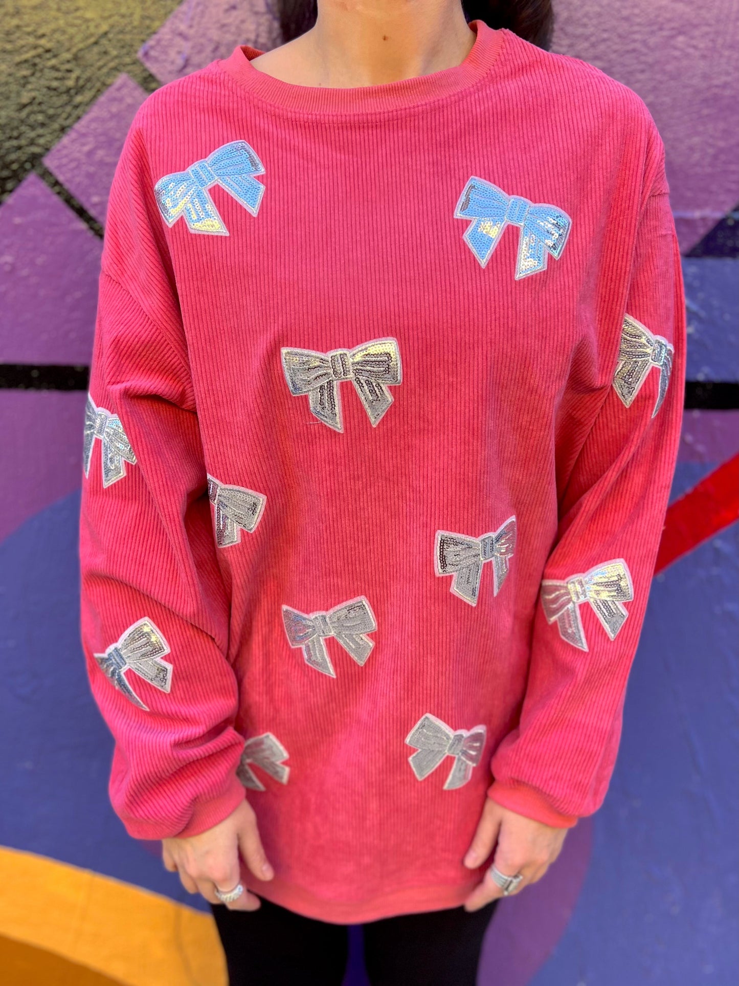 Pink/Silver Sequin Bow Corded Crew