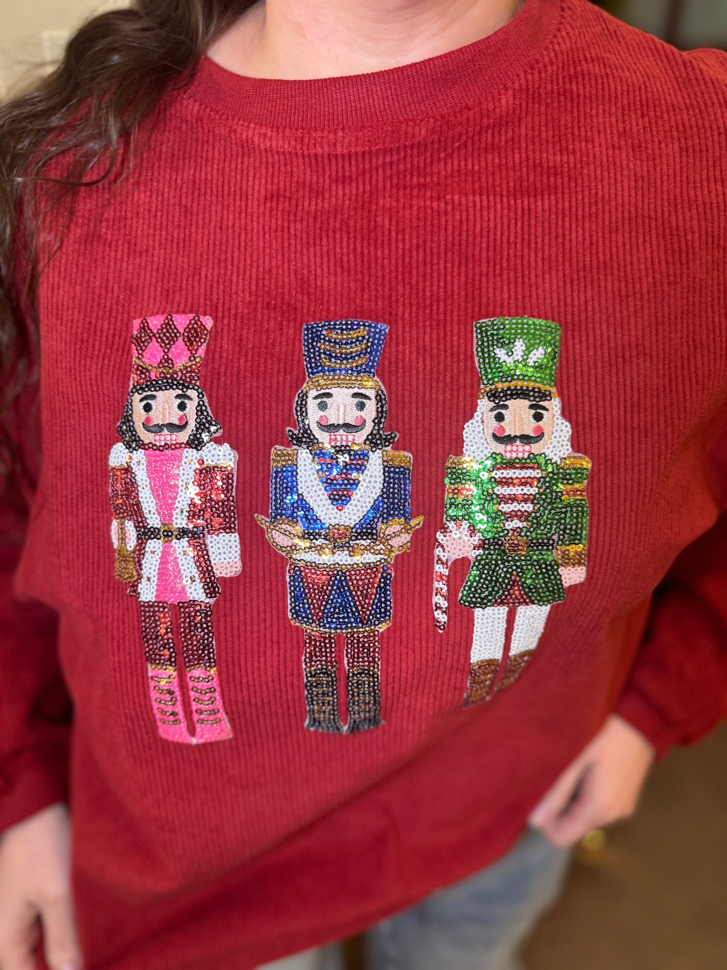 Crimson Sequin Nutcracker Corded Crew