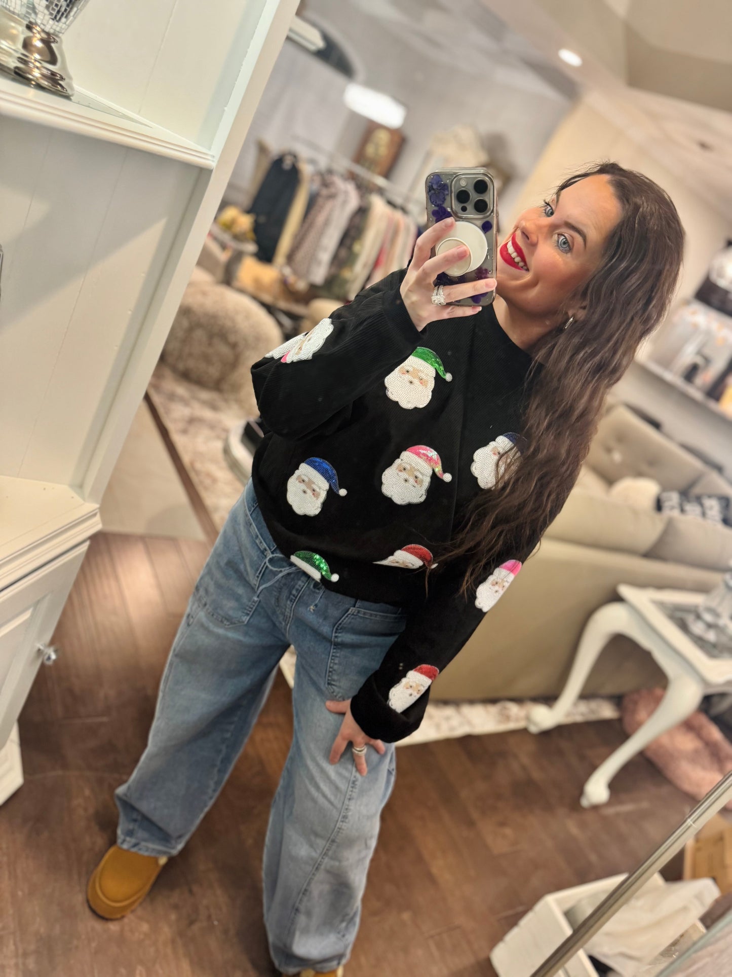 Black Multicolor Santa Sequins Corded Crew