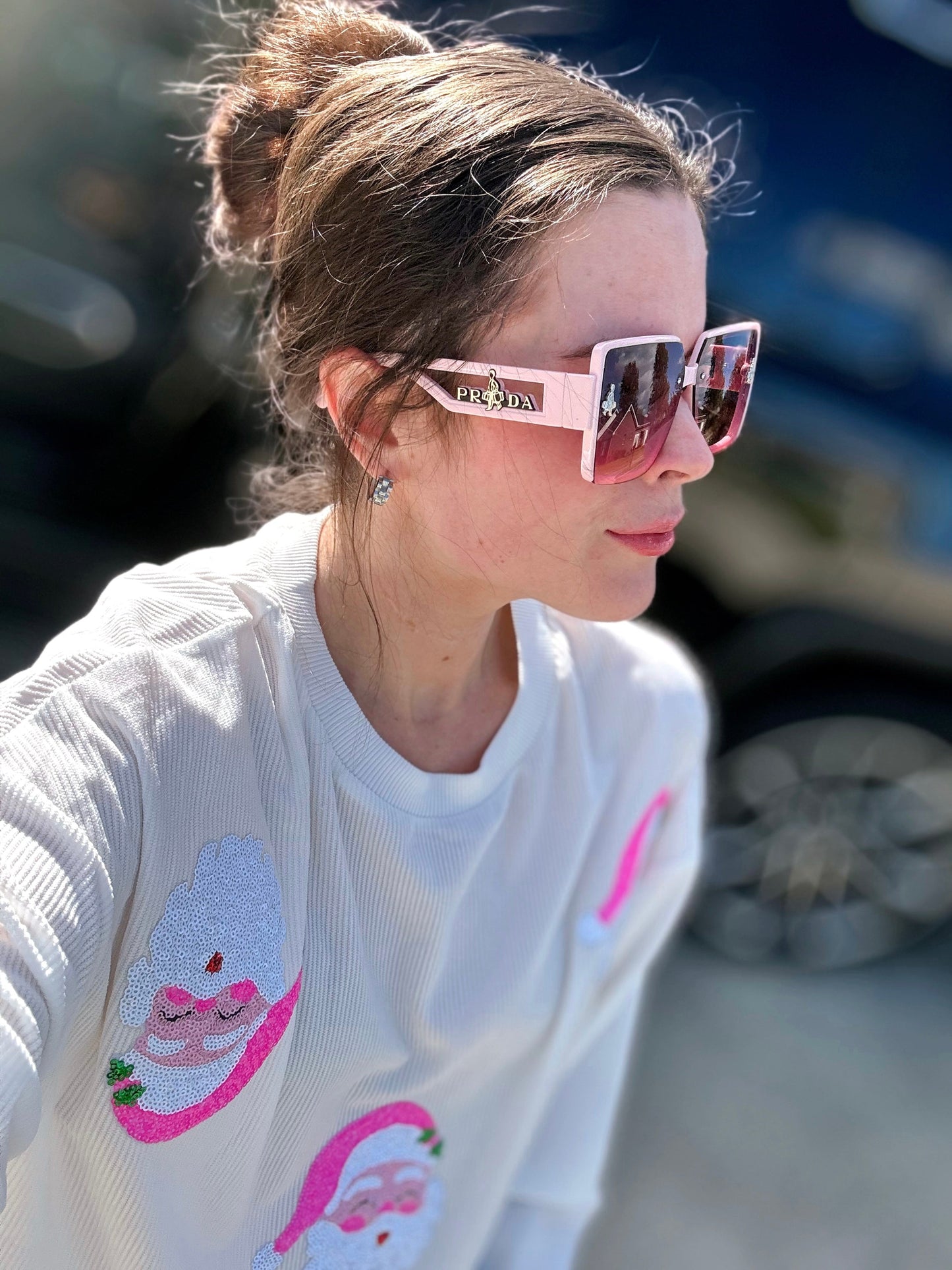 Pink Sequin Santa Corded Crews