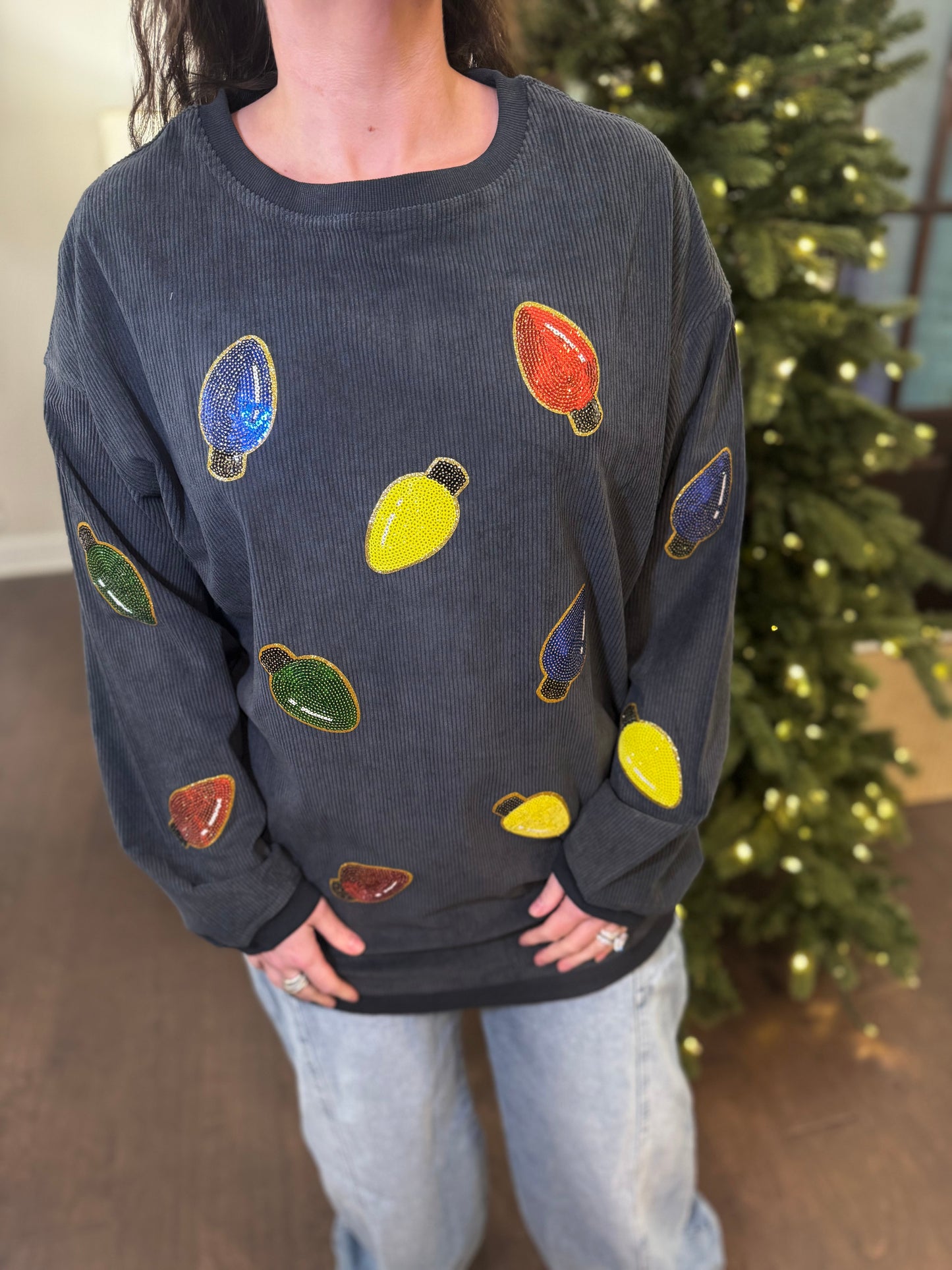 Sequin Lights Charcoal Corded Crew