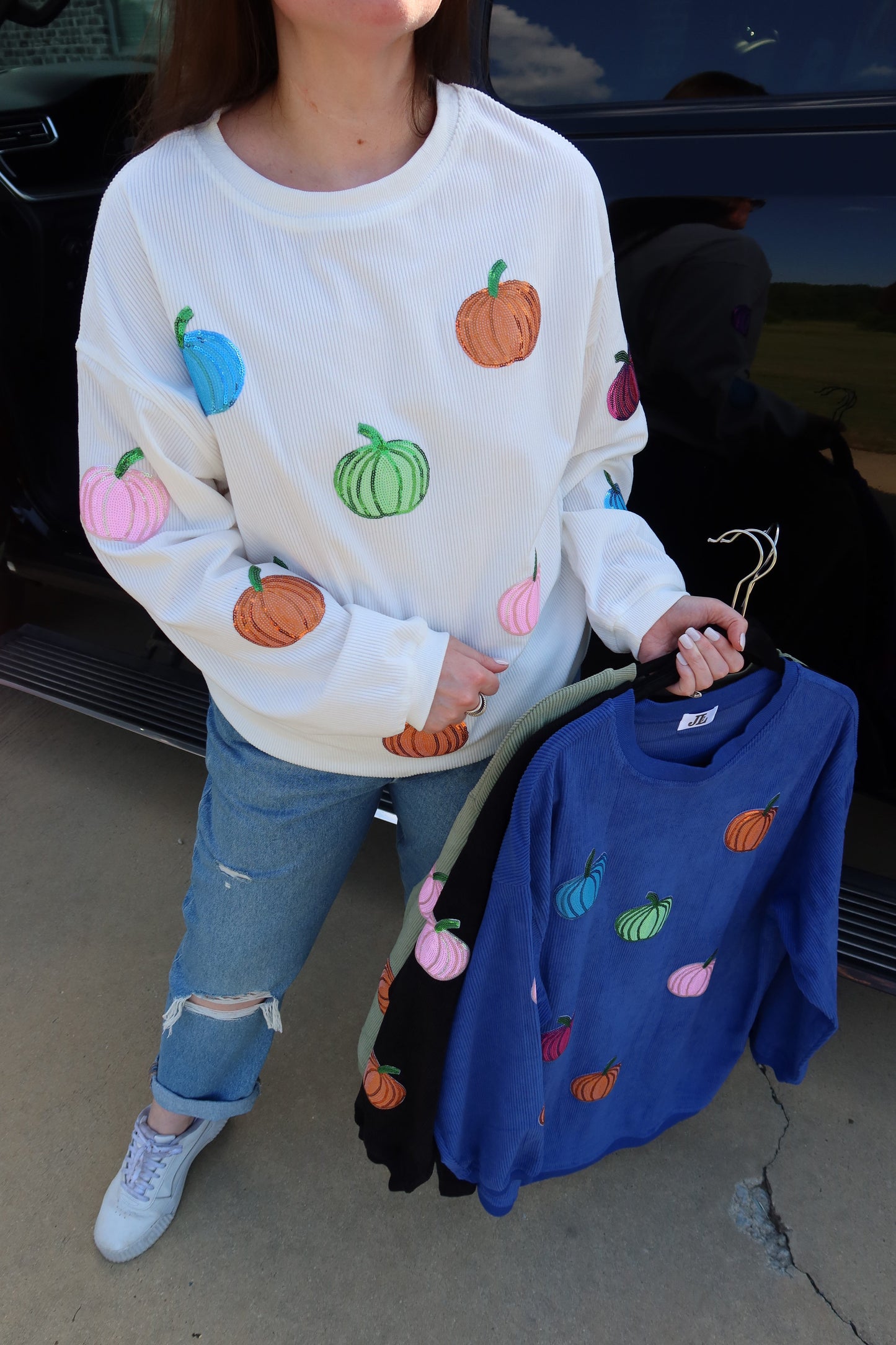 Multicolor Pumpkin Sequin Corded Crews