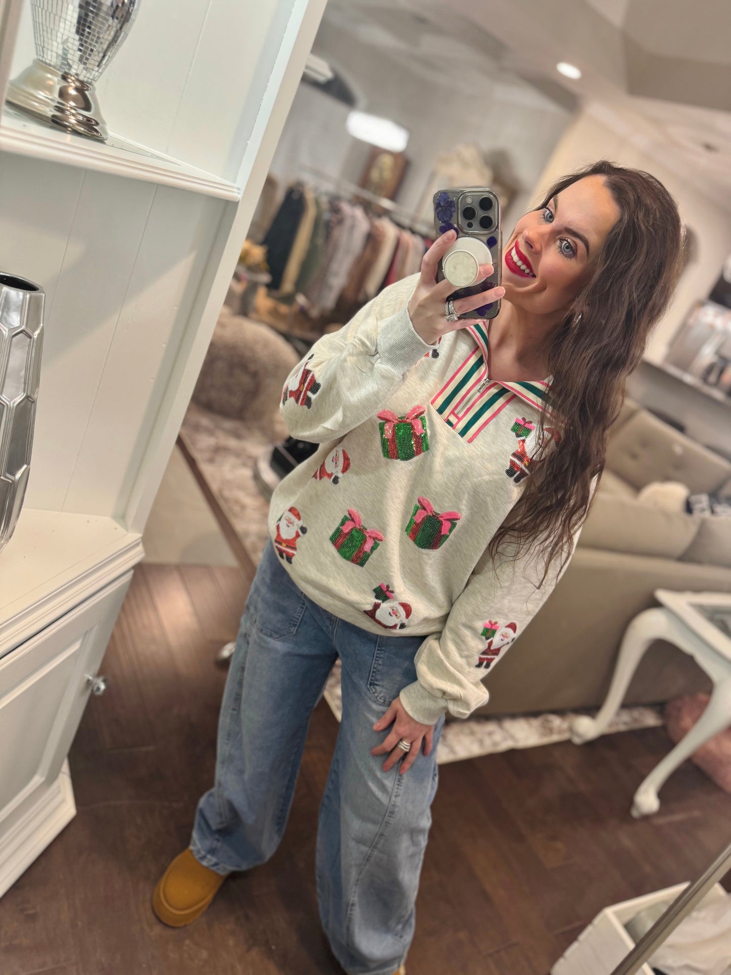 Sequin Santa Gifts Pullover