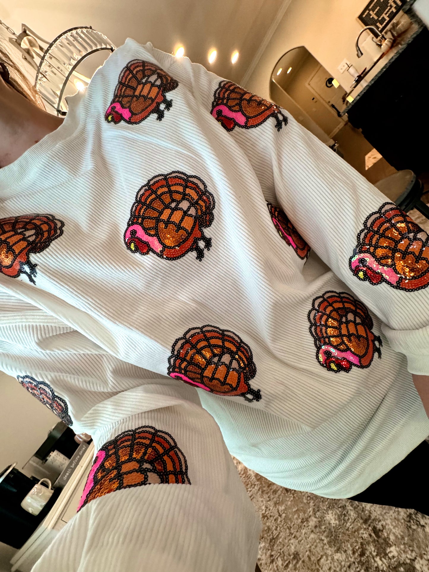 Pink/Orange Sequin Turkey Corded Crews