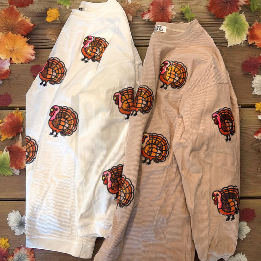 Pink/Orange Sequin Turkey Corded Crews