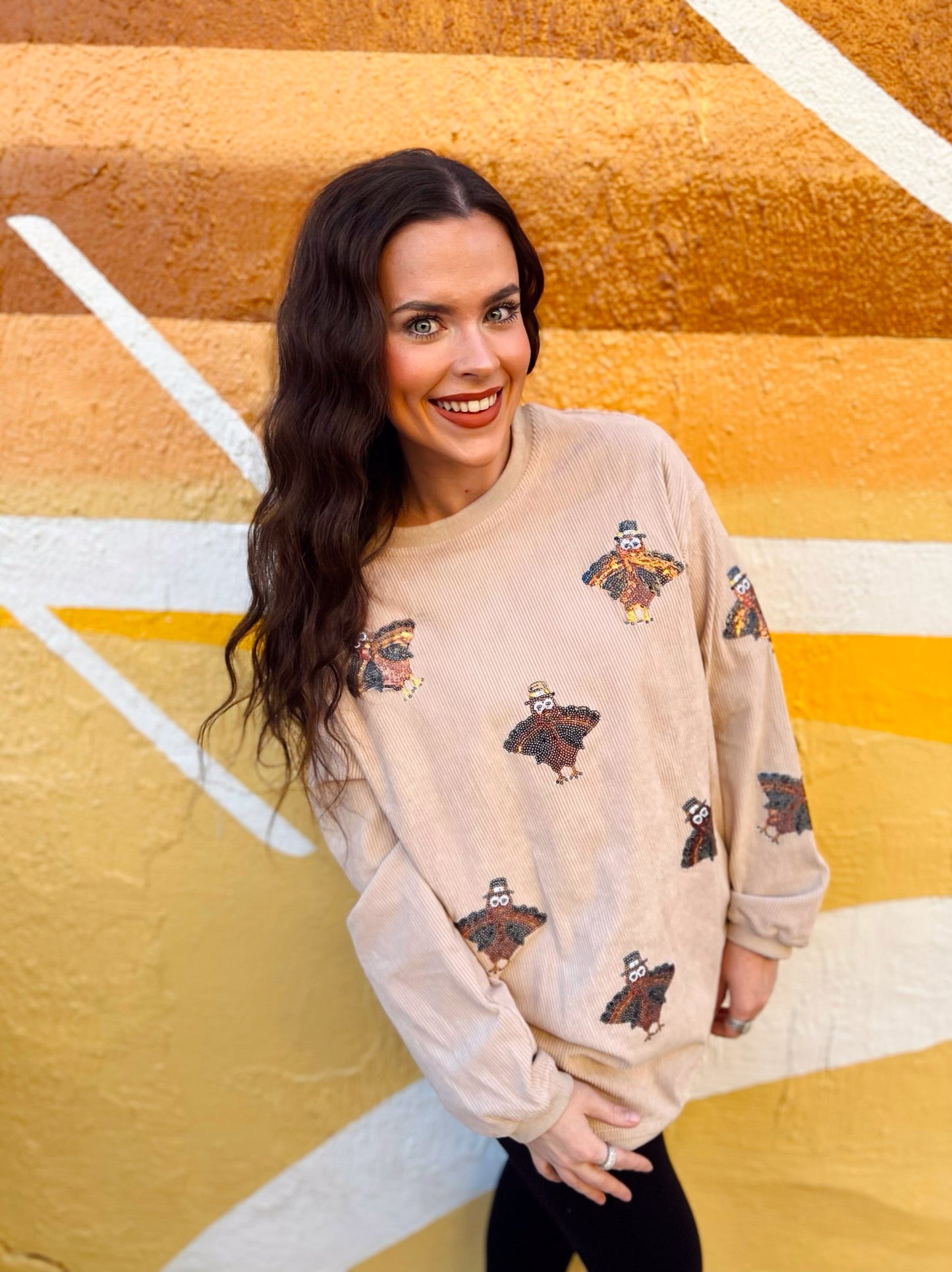 Beige Sequin Turkey Corded Crew