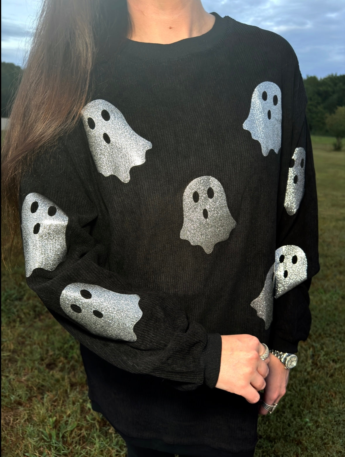 Black Glitter Ghost Corded Crew