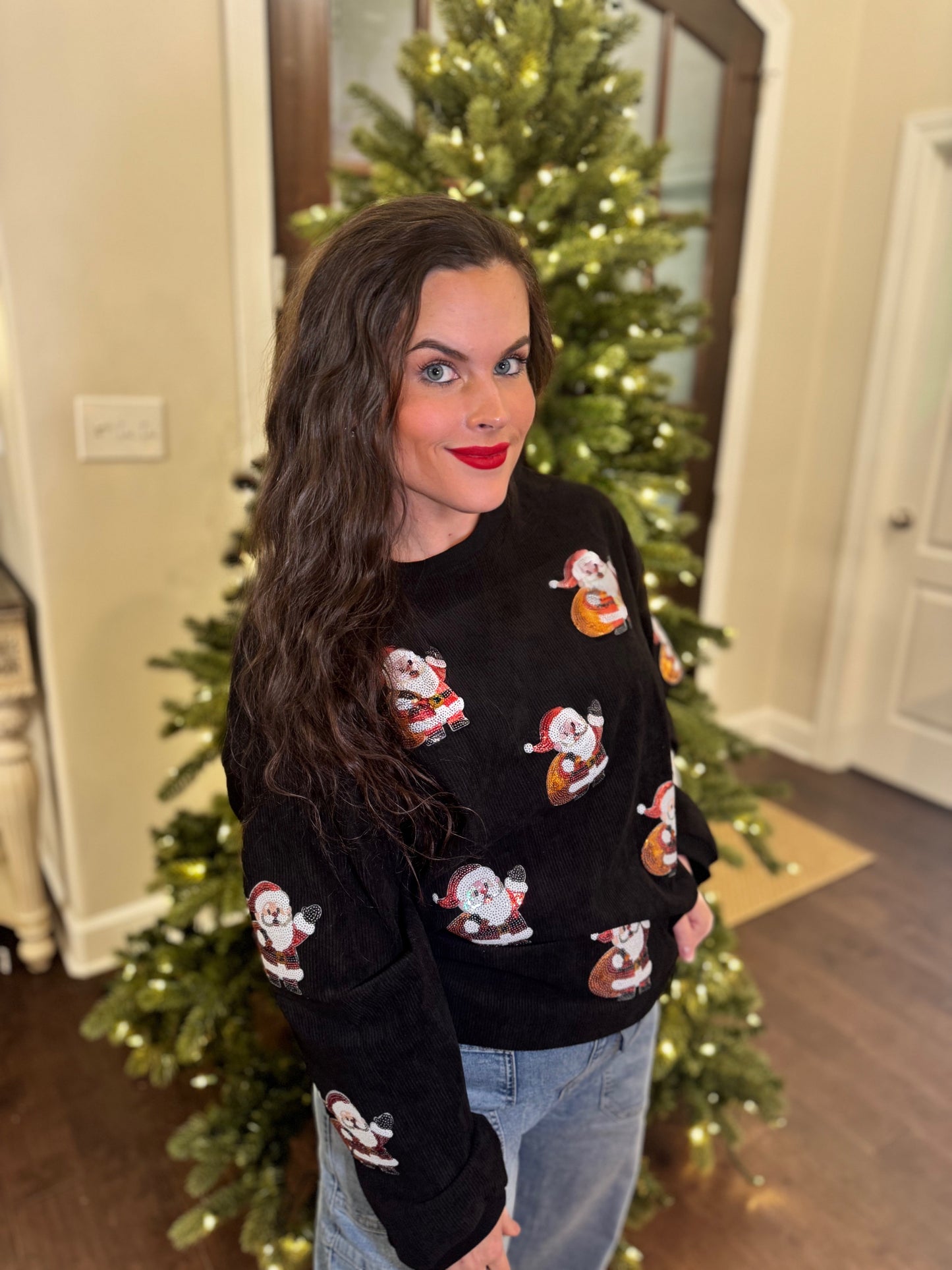 Sequin Santa Gift Corded Crew