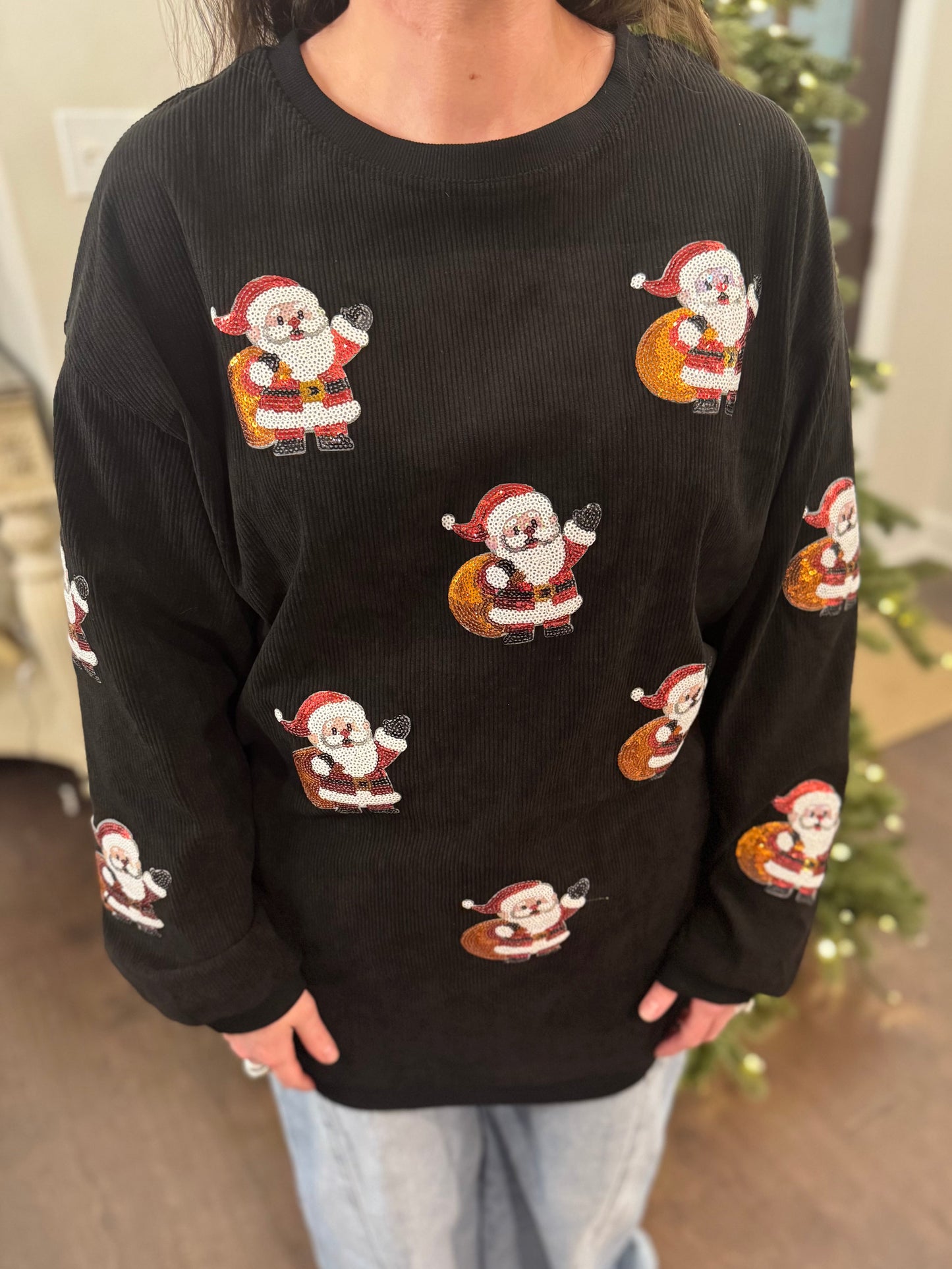 Sequin Santa Gift Corded Crew