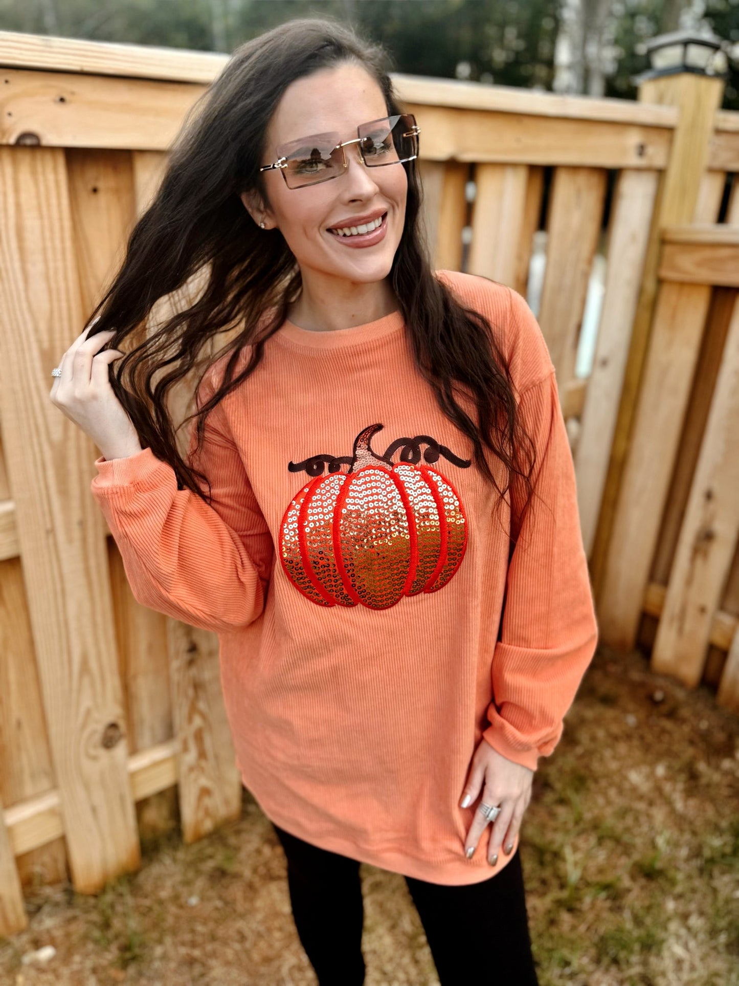 RTS Orange Sequin Pumpkin Corded Crew