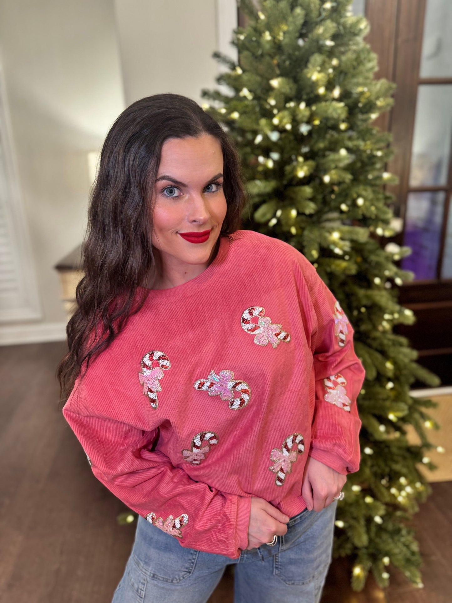 Pink Candy Cane Sequin Corded Crew