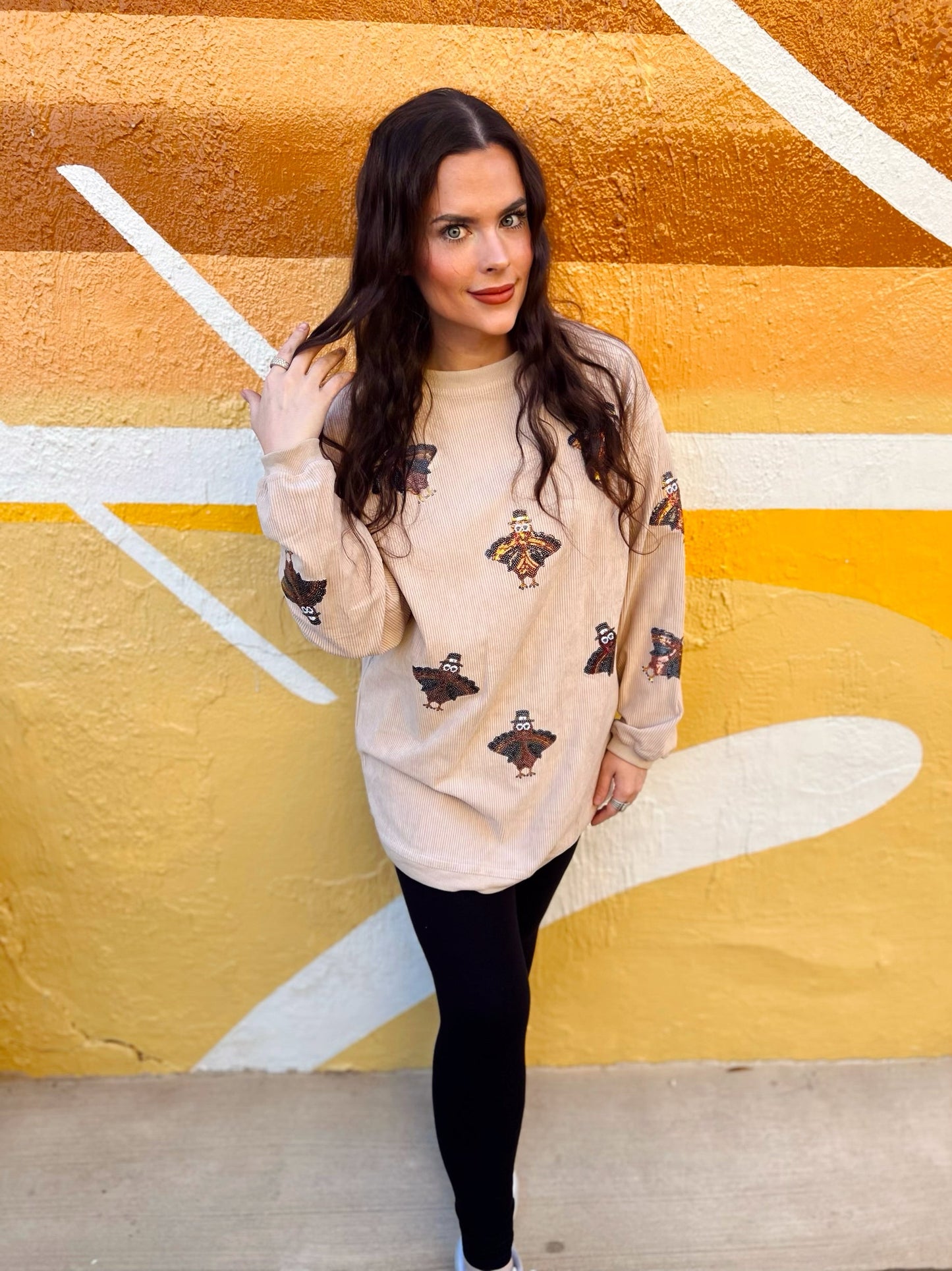 Beige Sequin Turkey Corded Crew