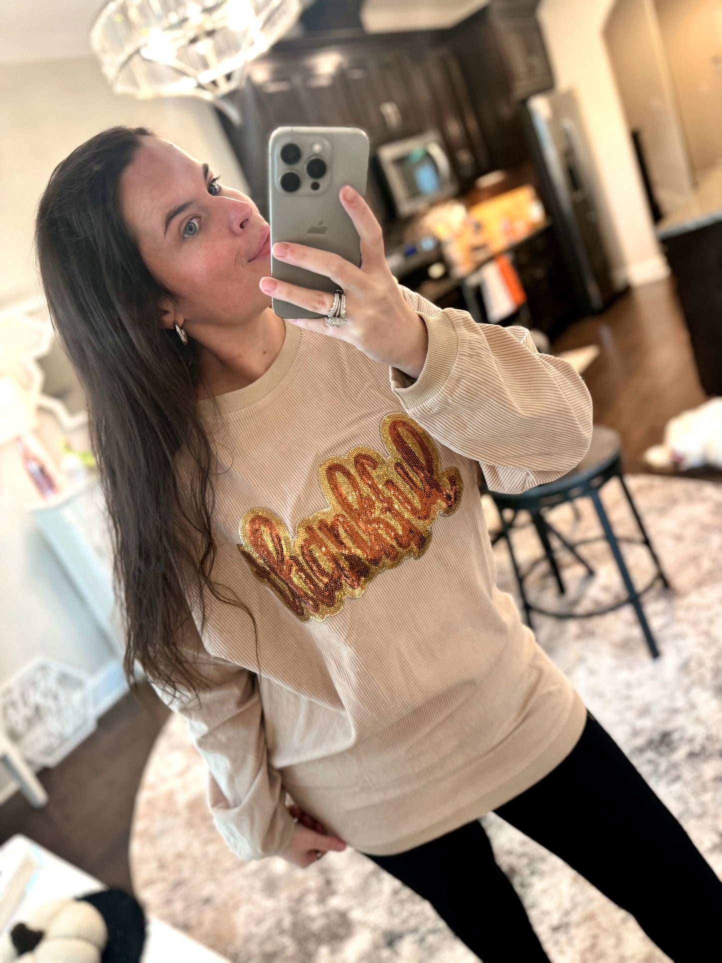Thankful Sequin Corded Crew